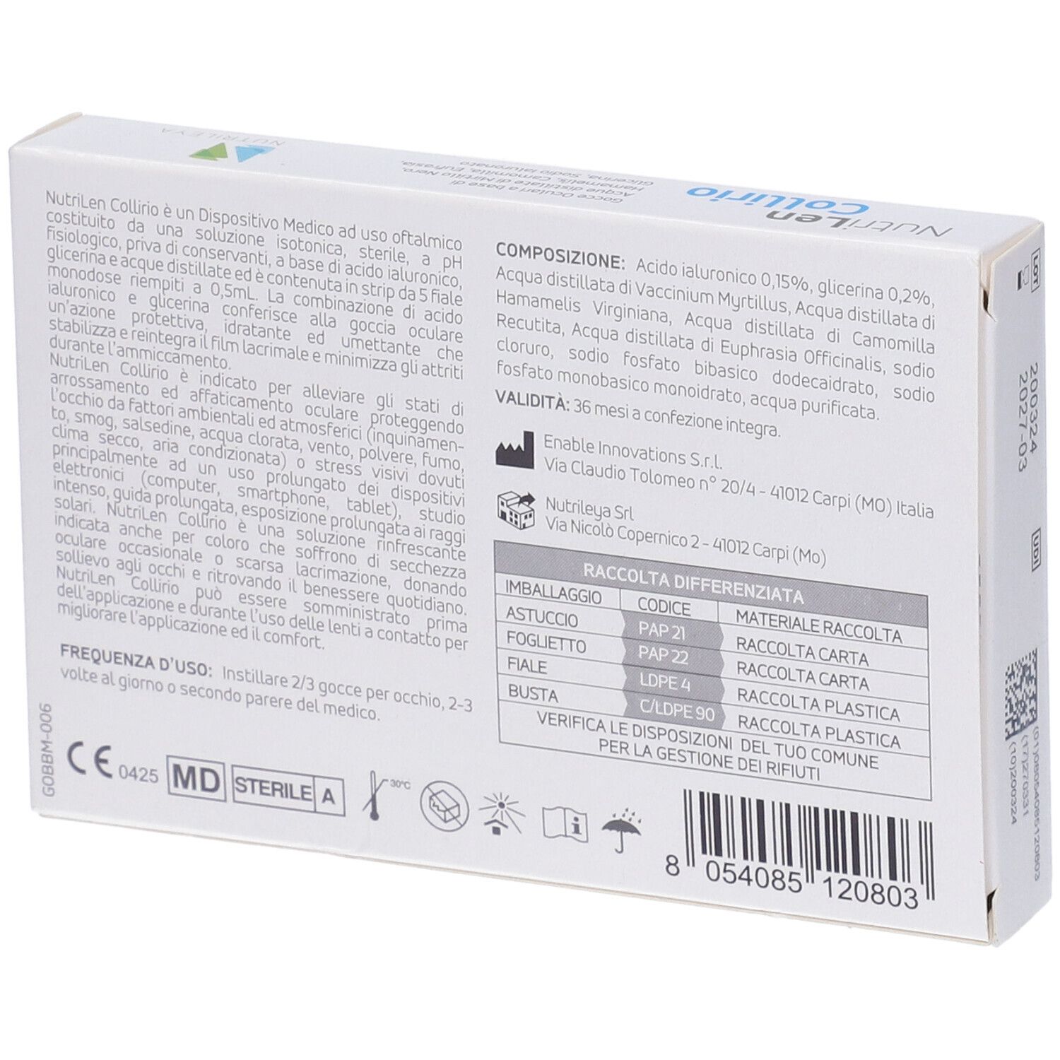 Packung NutriLen Colirio Augentropfen, 10 Einzeldosisbehälter à 0,5 ml.