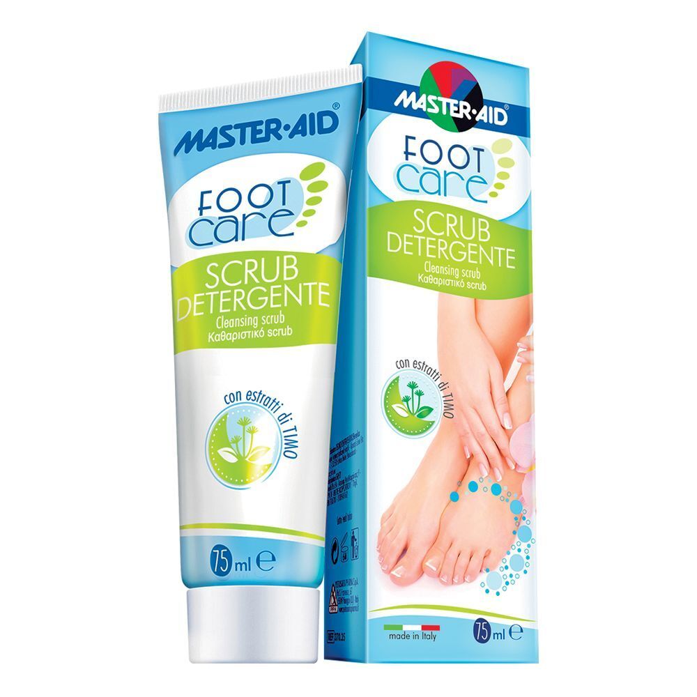 Tubo Master-Aid Foot Care Scrub Detergente. Design bianco/verde, dettagli blu. 75 ml.