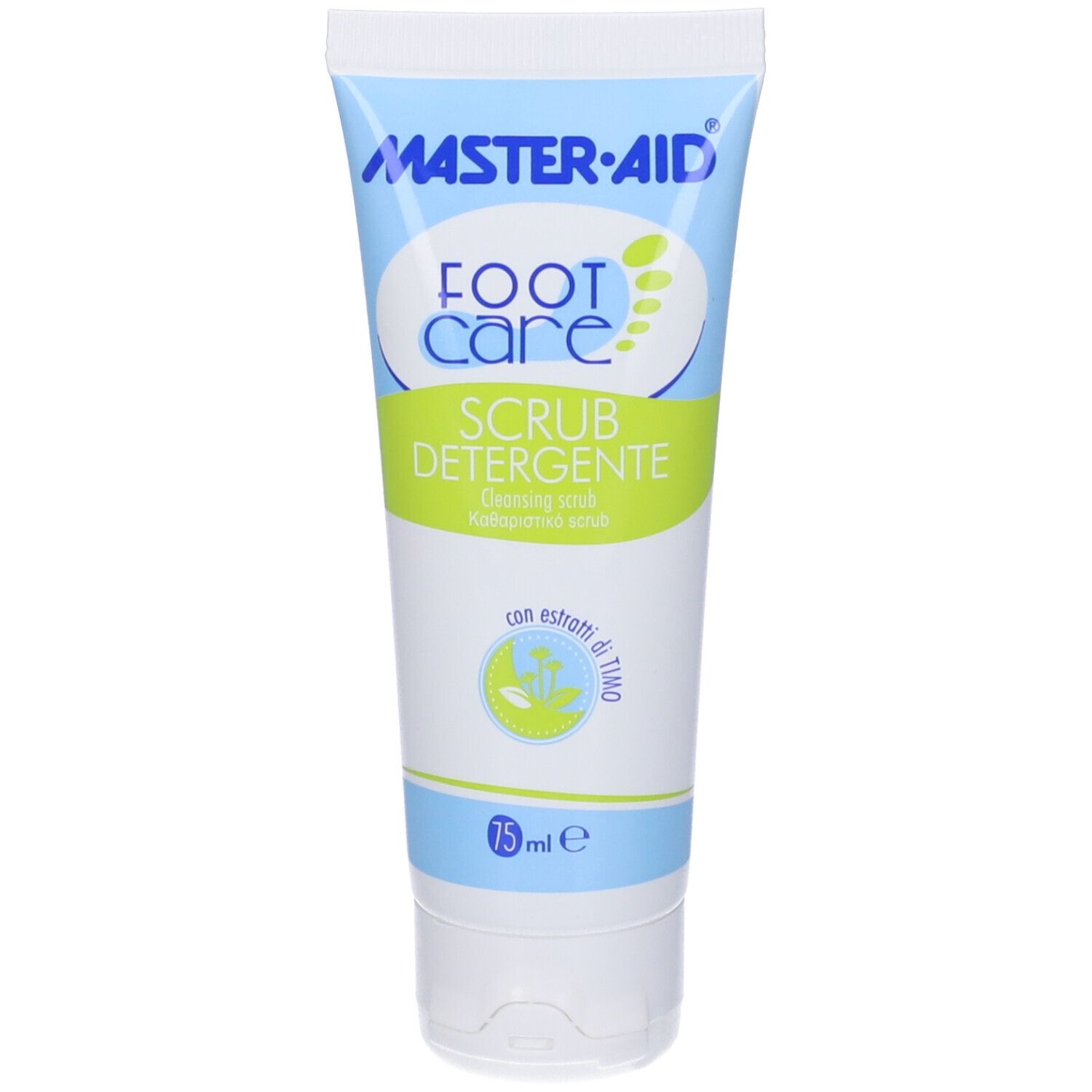 Tubo Master-Aid Foot Care Scrub Detergente. Bianco, blu, verde. 75 ml. Nome prodotto visibile.