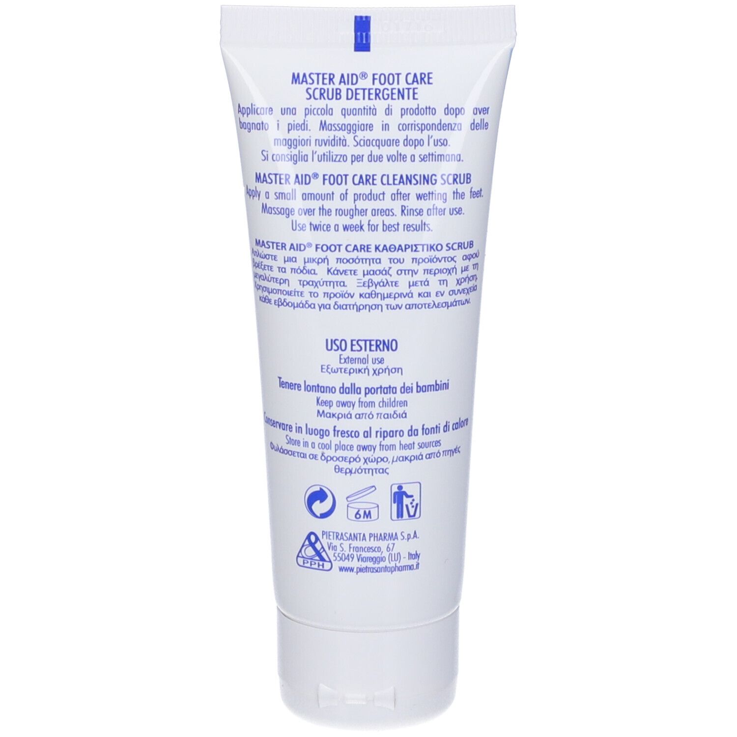 Retro del tubo Master-Aid Foot Care Scrub Detergente. Testo multilingue. Tubo bianco.
