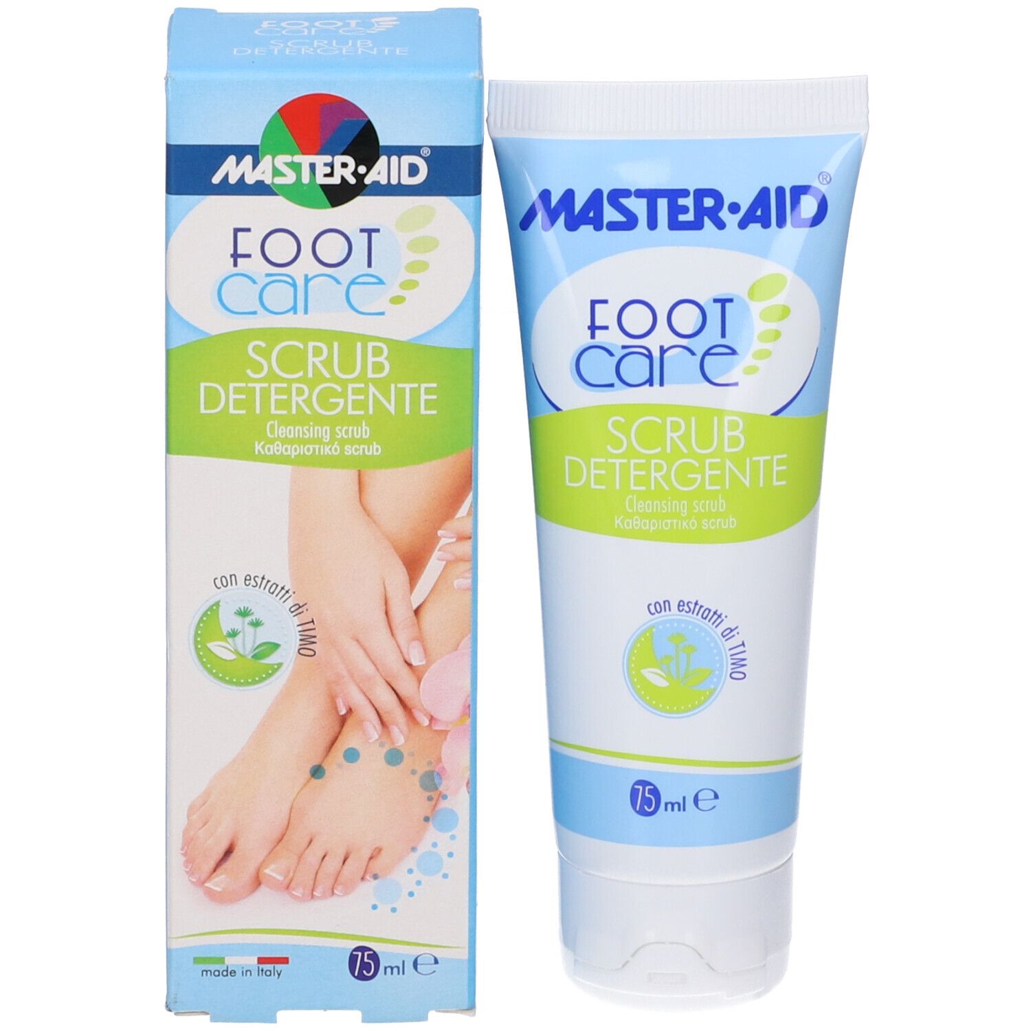 Tubo e confezione Master-Aid Foot Care Scrub Detergente. Blu, verde, bianco. 75 ml. Illustrazione.