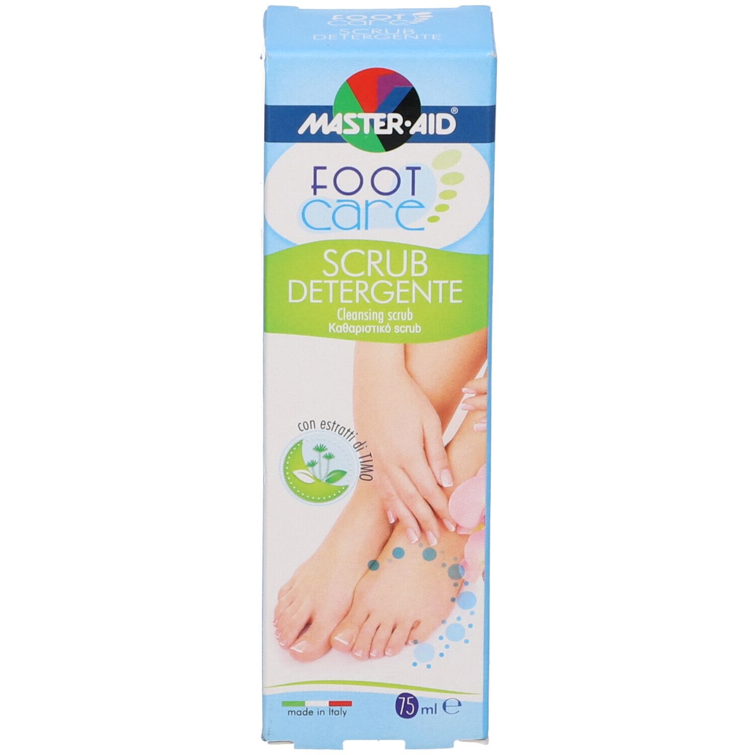 Confezione Master-Aid Foot Care Scrub Detergente. Blu, verde, bianco. Illustrazione. 75 ml.