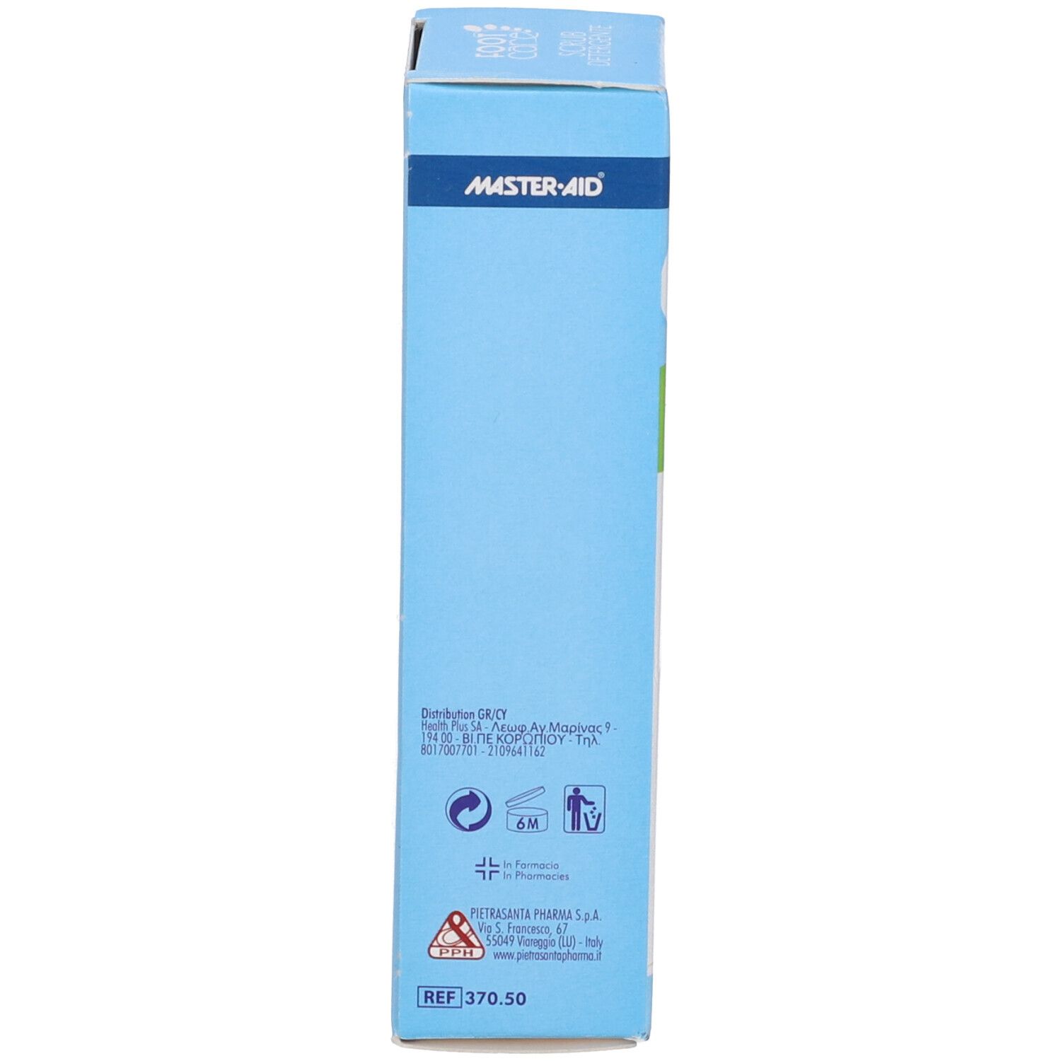 Lato della confezione Master-Aid Foot Care Scrub Detergente. Blu, bianco. Testo e loghi.