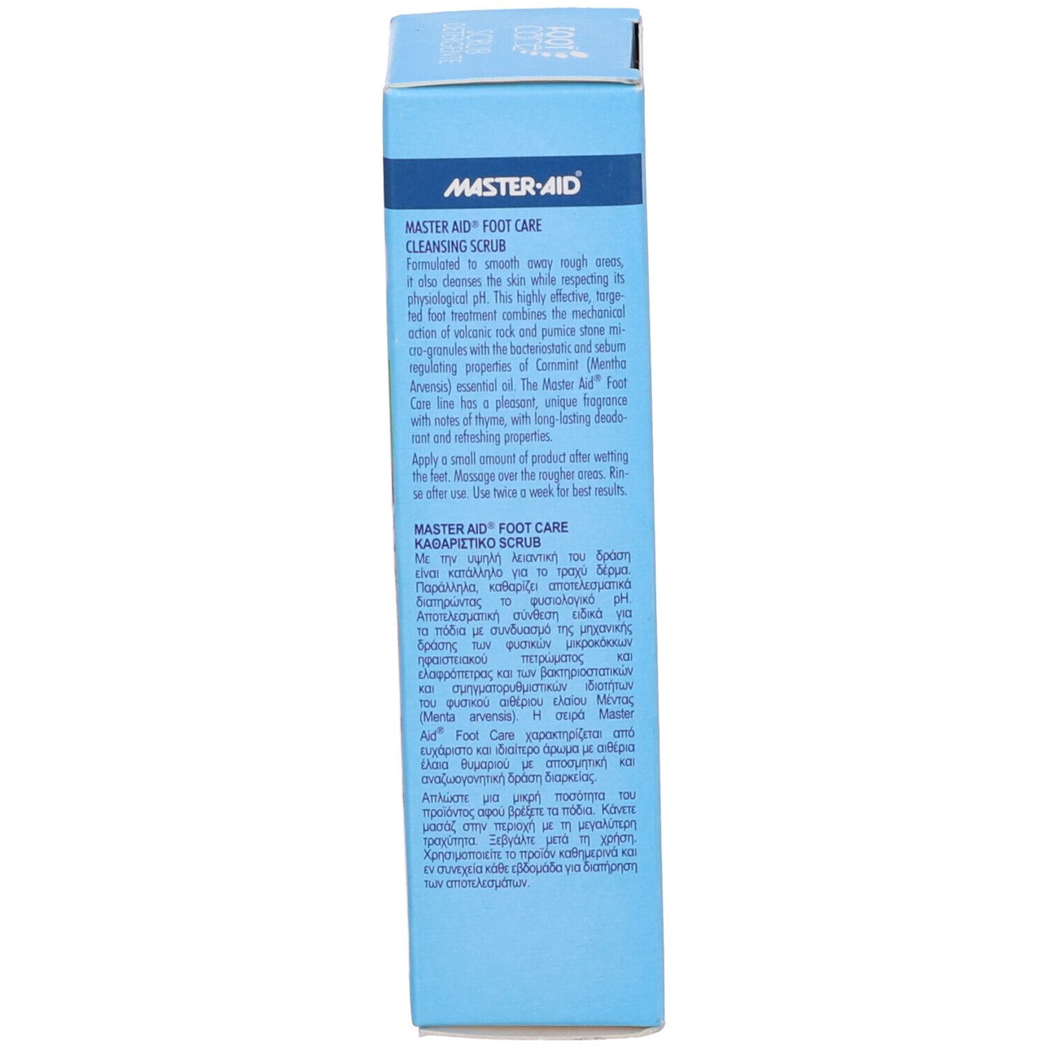 Lato della confezione Master-Aid Foot Care Scrub Detergente. Testo multilingue. Blu.
