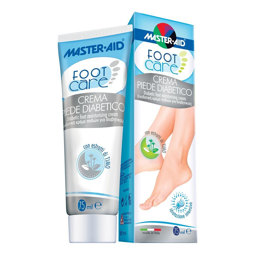 Tubo e scatola di crema. Scritta: MASTER-AID FOOT care CREMA PIEDE DIABETICO. Contiene estratti di timo. 75 ml.
