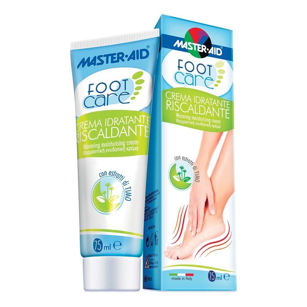 Tubo e scatola di crema per piedi. Scritta: MASTER-AID Foot Care, Creme Riscaldante. 75 ml. Con estratti di timo.