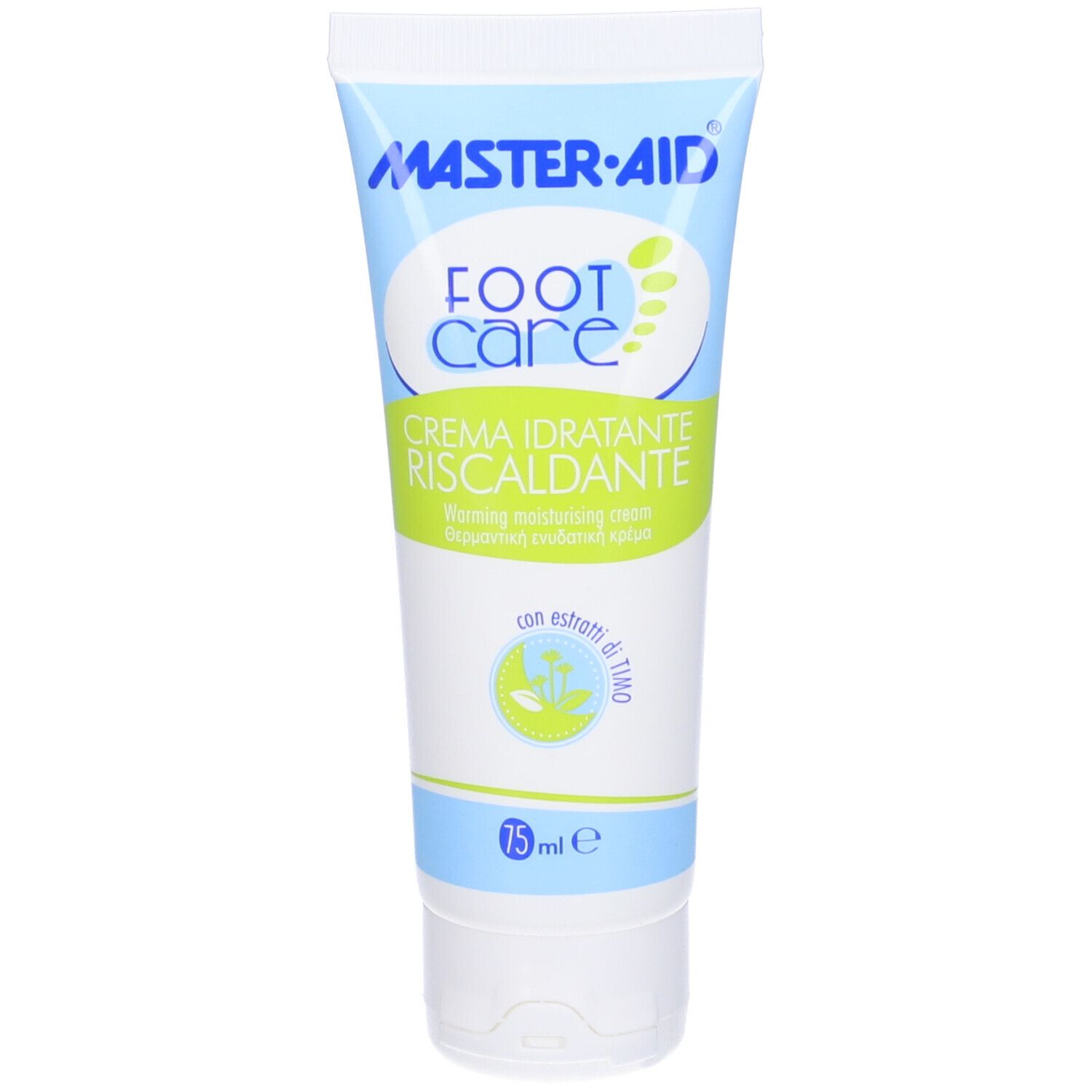 Tubo di crema per piedi. Scritta: MASTER-AID Foot Care, Creme Riscaldante. 75 ml. Con estratti di timo. Tappo bianco.