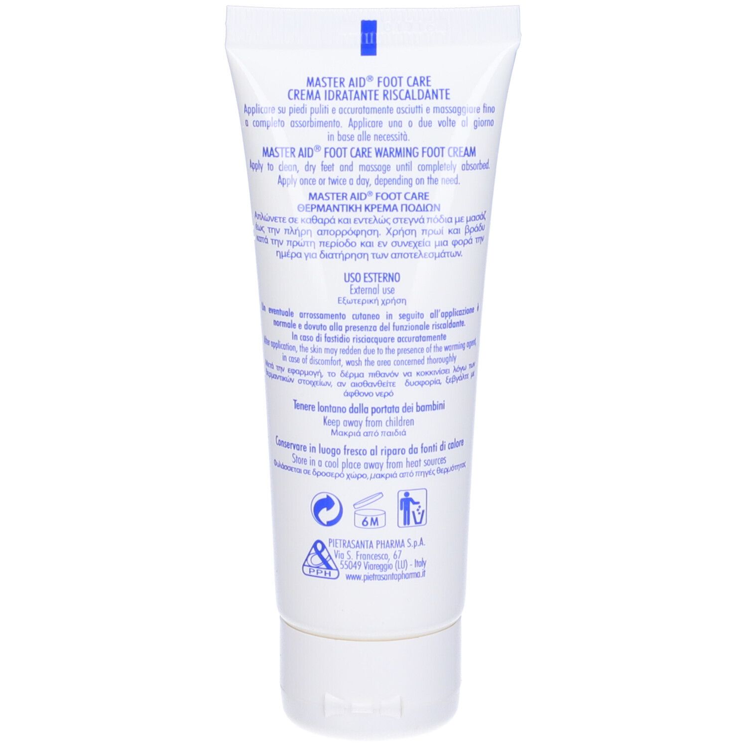 Retro del tubo. Testo multilingue. Scritta: MASTER AID Foot Care Creme. Istruzioni per l'uso. Simbolo 6M.