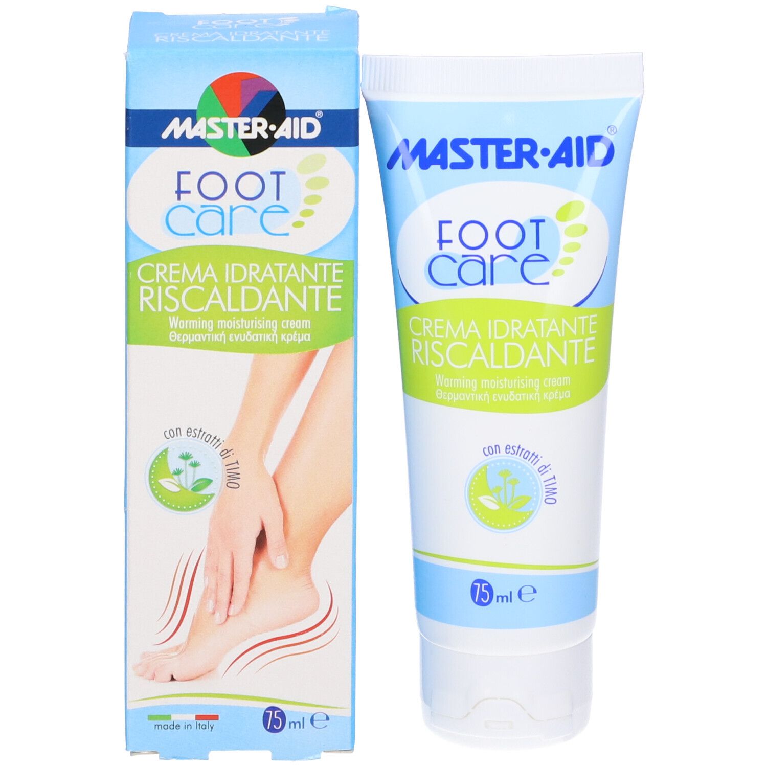 Tubo e scatola di crema per piedi. Scritta: MASTER-AID Foot Care, Creme Riscaldante. 75 ml. Con estratti di timo.