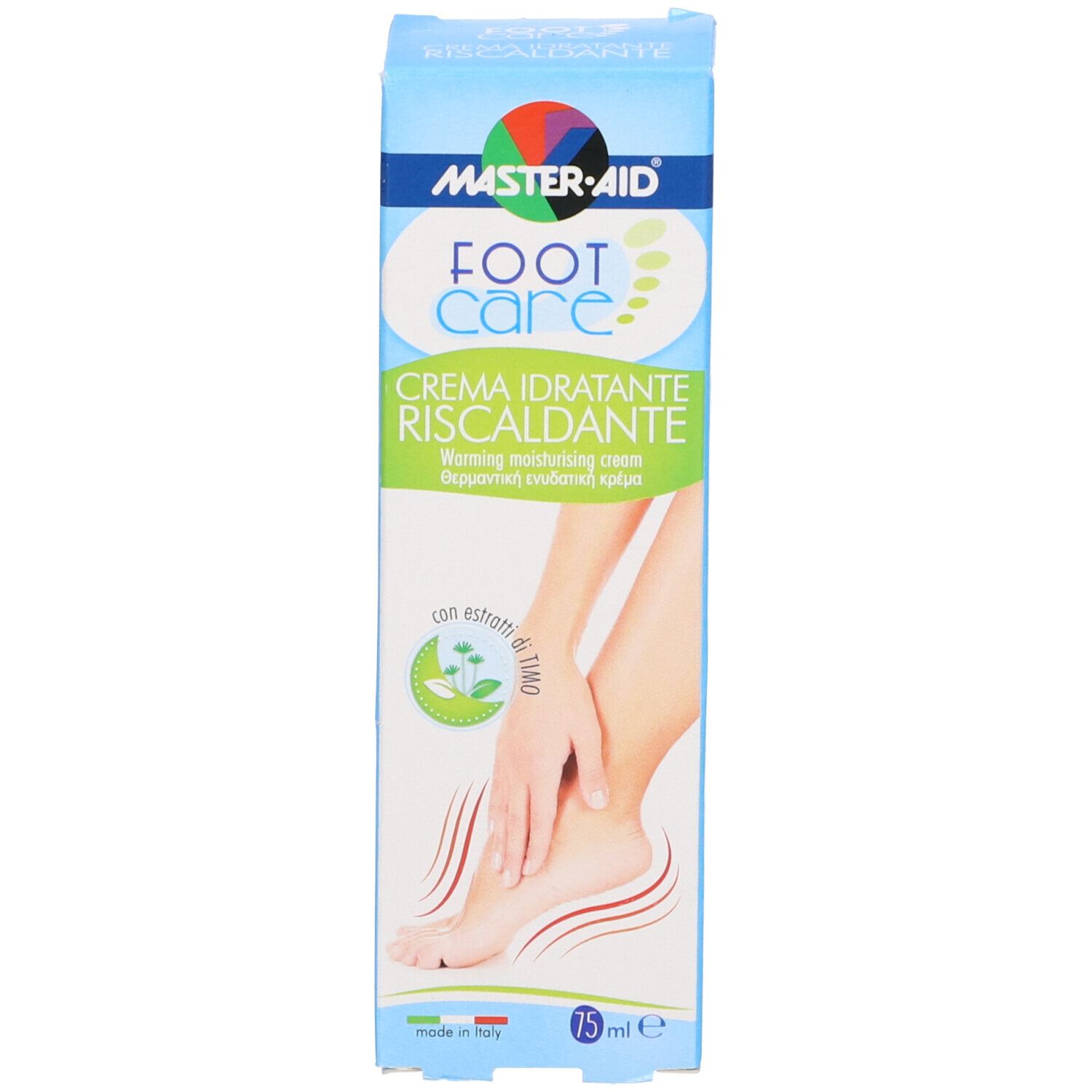 Scatola di crema per piedi. Scritta: MASTER-AID Foot Care, Creme Riscaldante. 75 ml. Con estratti di timo. Piedi illustrati.
