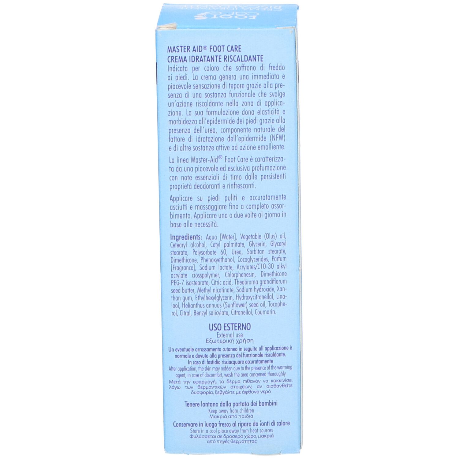 Retro della scatola. Testo multilingue. Ingredienti. Istruzioni per l'uso. Simbolo 6M. Informazioni produttore.