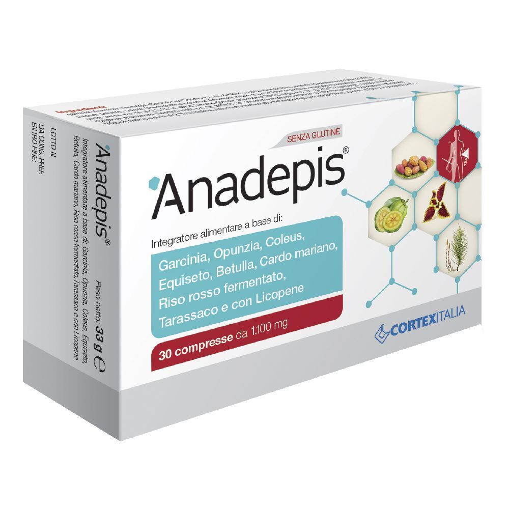 Scatola di compresse Anadepis. Scritto: 30 compresse da 1100 mg. Contiene Garcinia, Opunzia, Coleus, ecc. Marchio Cortexitalia.