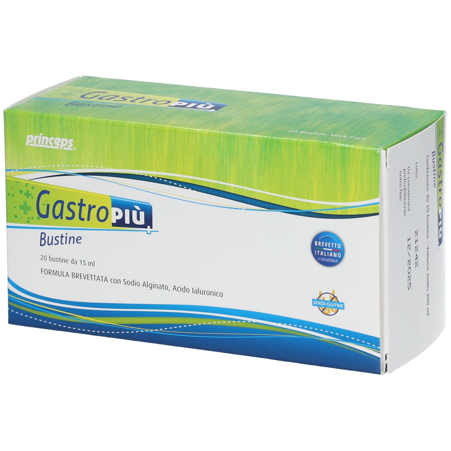 Gastro Più Bustine-Schachtel. Aufdruck: Gastro Più, Bustine, 20 Beutel. Mit italienischem Gütesiegel.