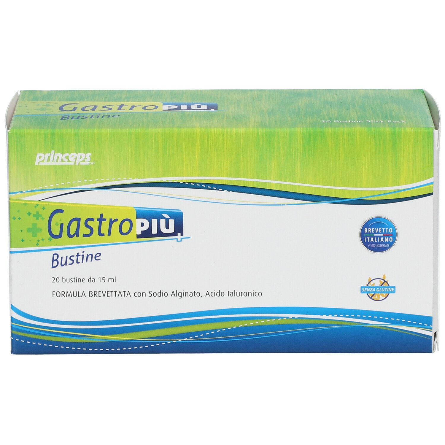 Gastro Più Bustine-Schachtel. Aufdruck: Gastro Più, Bustine, 20 Beutel. Mit italienischem Gütesiegel.