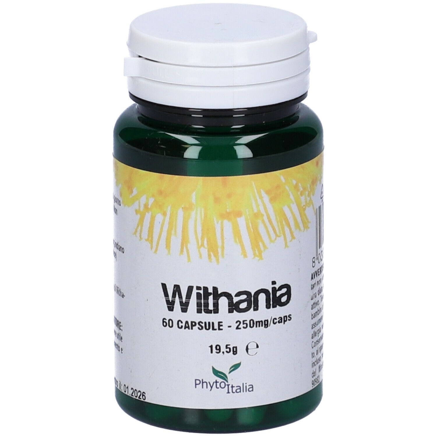 Flacone verde con tappo bianco. Scritta: Withania, 60 capsule. Marchio: PhytoItalia.