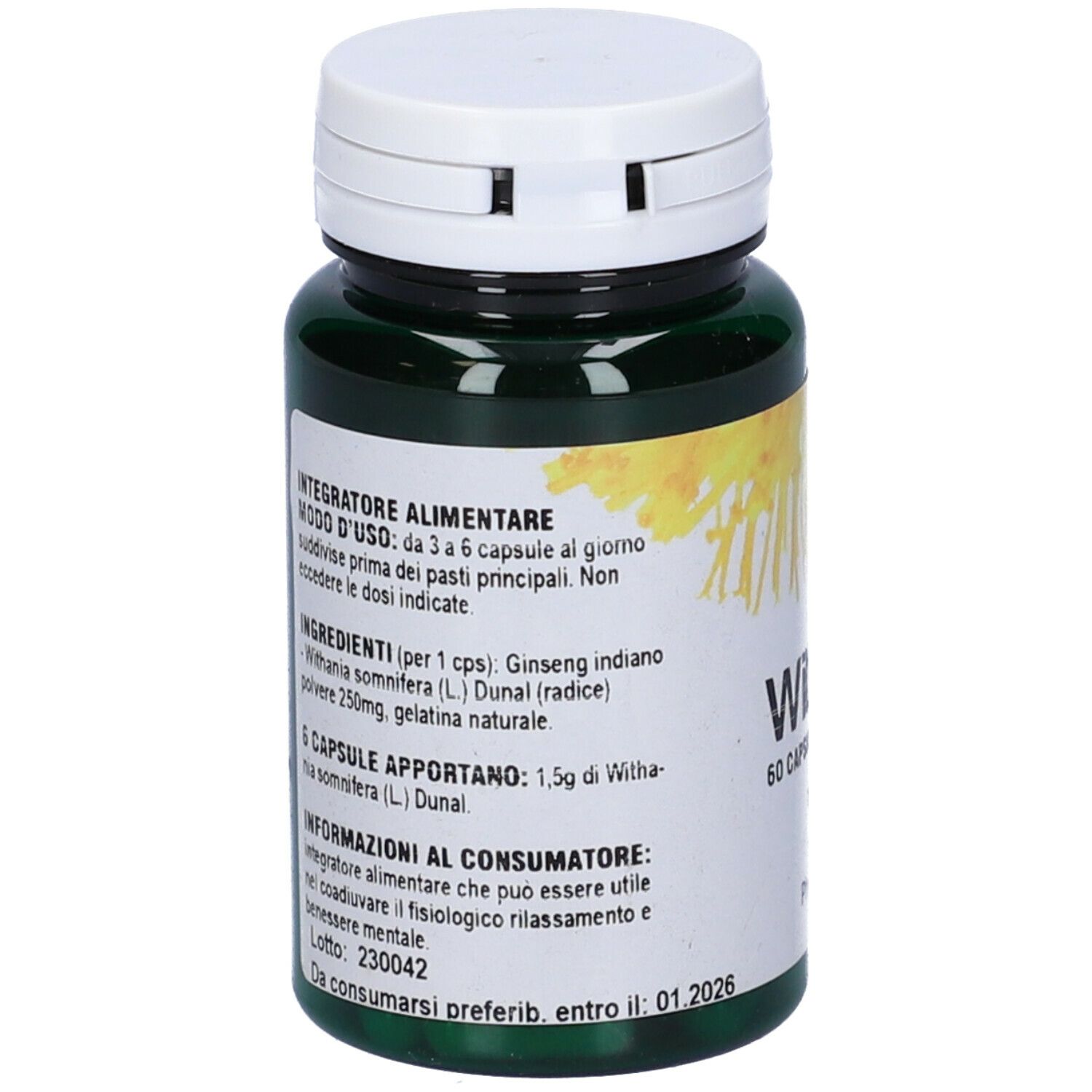 Flacone verde, tappo bianco. Testo: Ingredienti, modo d'uso. Withania Somnifera.