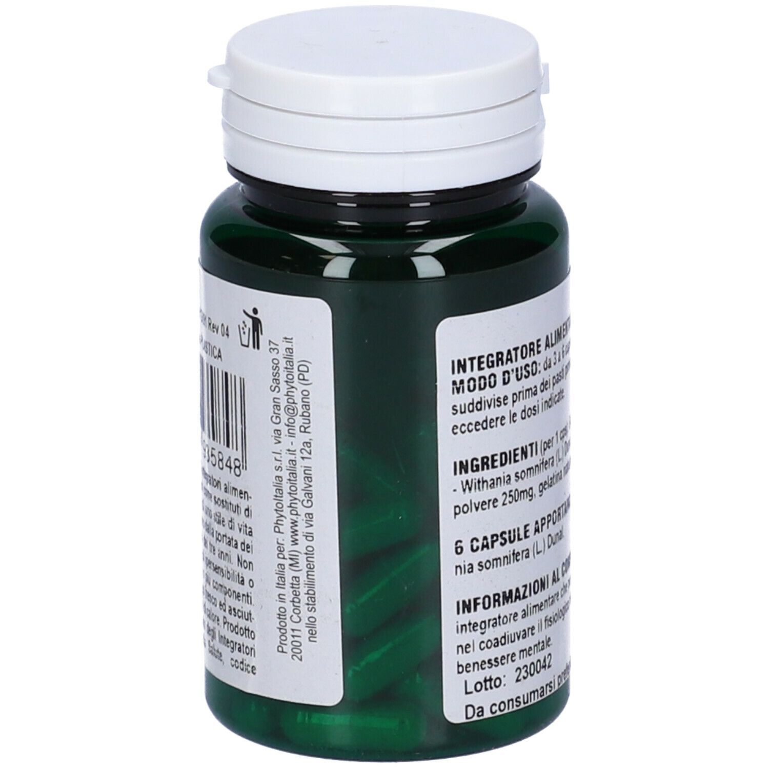 Flacone verde, tappo bianco. Testo: Informazioni produttore, ingredienti. Withania Somnifera.