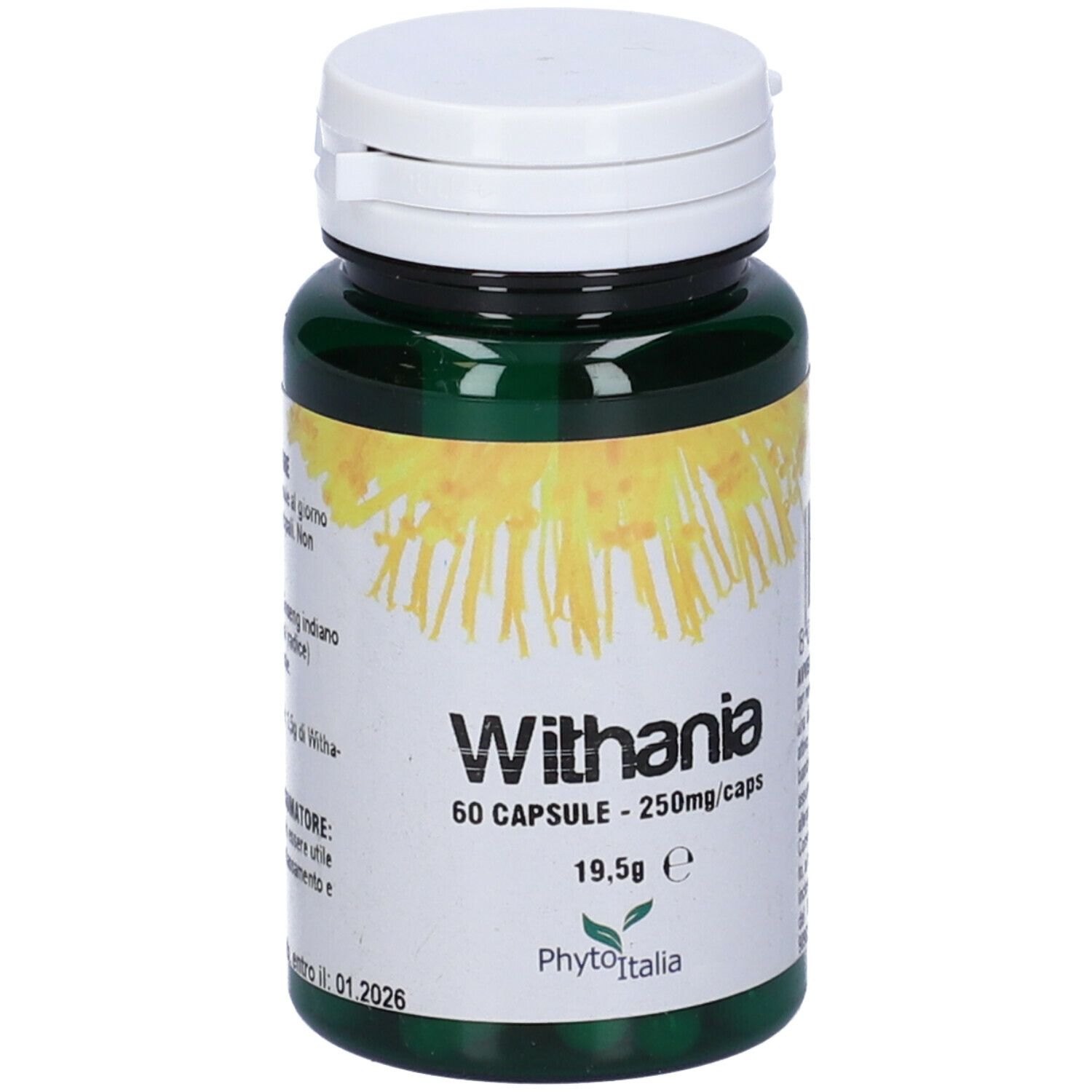 Flacone verde con tappo bianco. Scritta: Withania, 60 capsule. Marchio: PhytoItalia.