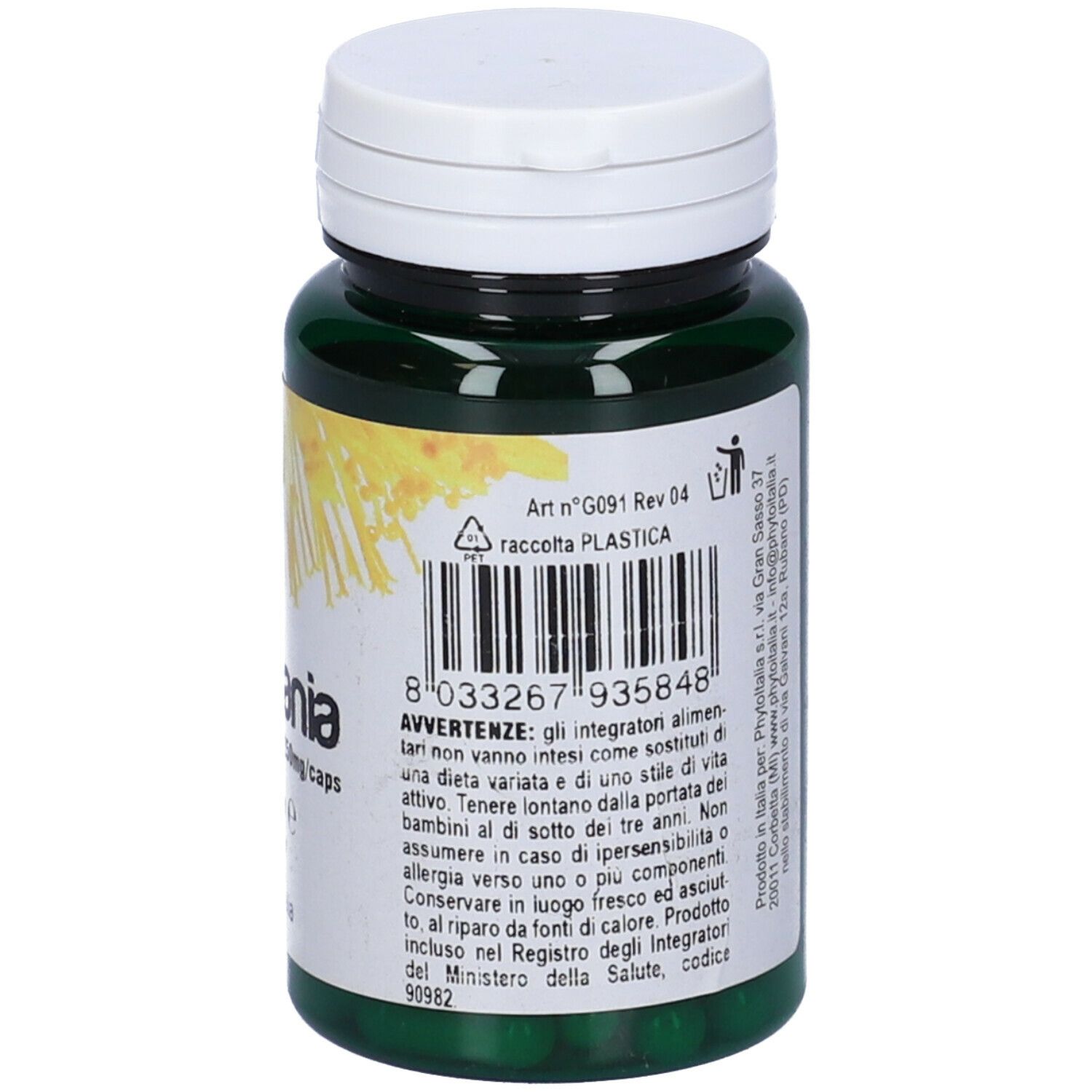 Flacone verde, tappo bianco. Testo: Avvertenze, ingredienti. Withania Somnifera.