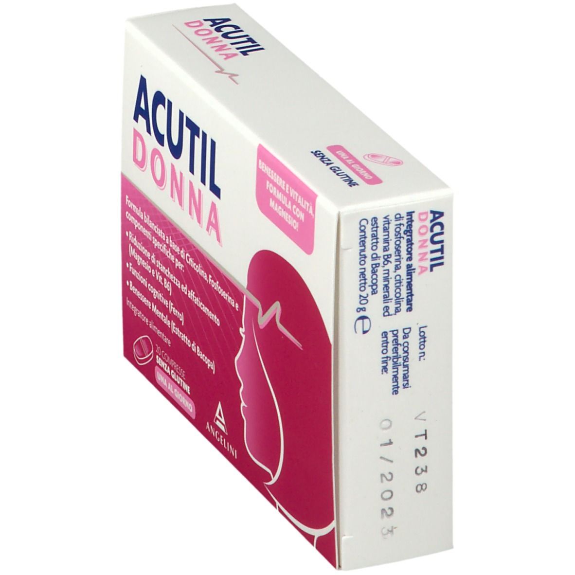 Vista obliqua della confezione ACUTIL Donna. Scatola bianca con dettagli rosa. Testo: 'Senza glutine'.