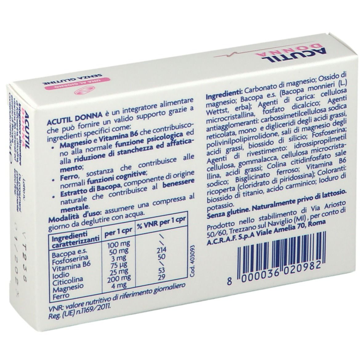 Retro della confezione ACUTIL Donna. Contiene ingredienti, istruzioni e informazioni nutrizionali. Scatola bianca.