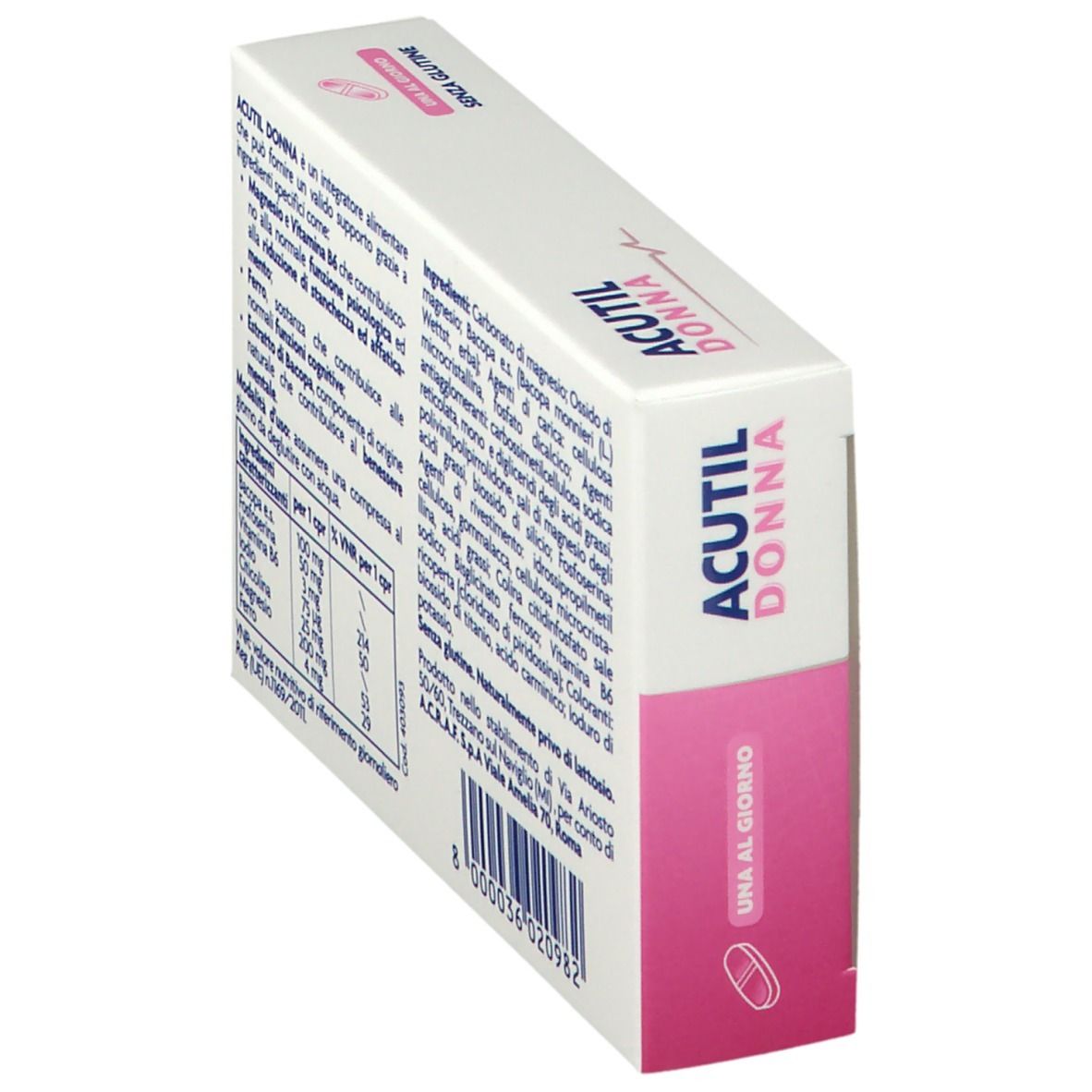Vista obliqua della confezione ACUTIL Donna. Retro con ingredienti e informazioni nutrizionali. Scatola bianca.