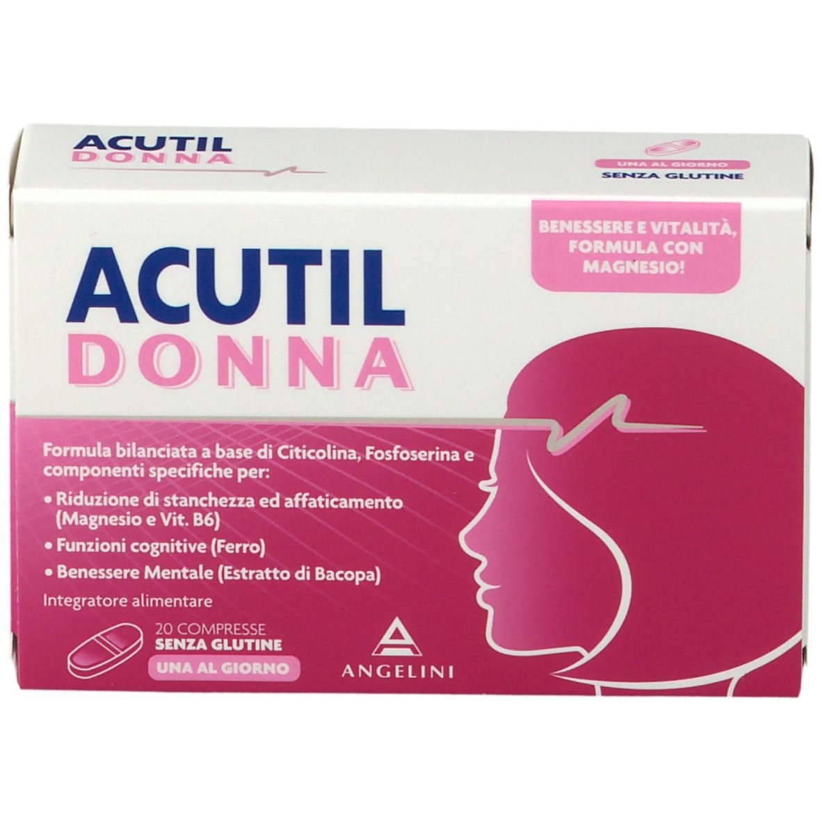 Confezione ACUTIL Donna. Scatola bianca con dettagli rosa. Contiene 20 compresse. Marchio Angelini.