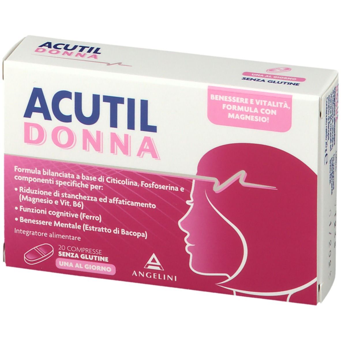Confezione ACUTIL Donna. Scatola bianca con dettagli rosa. Contiene 20 compresse. Marchio Angelini.