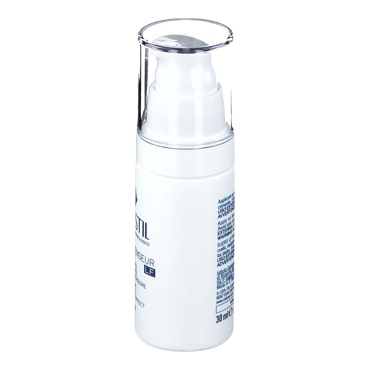 Flacon blanc avec pompe doseuse. Inscription : RILASTIL, Hydrotenseur. Texte en italien. 30 ml.