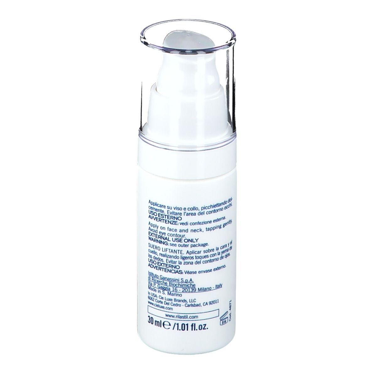 Flacon blanc avec pompe doseuse. Inscription : RILASTIL, Hydrotenseur. Texte en italien. 30 ml.