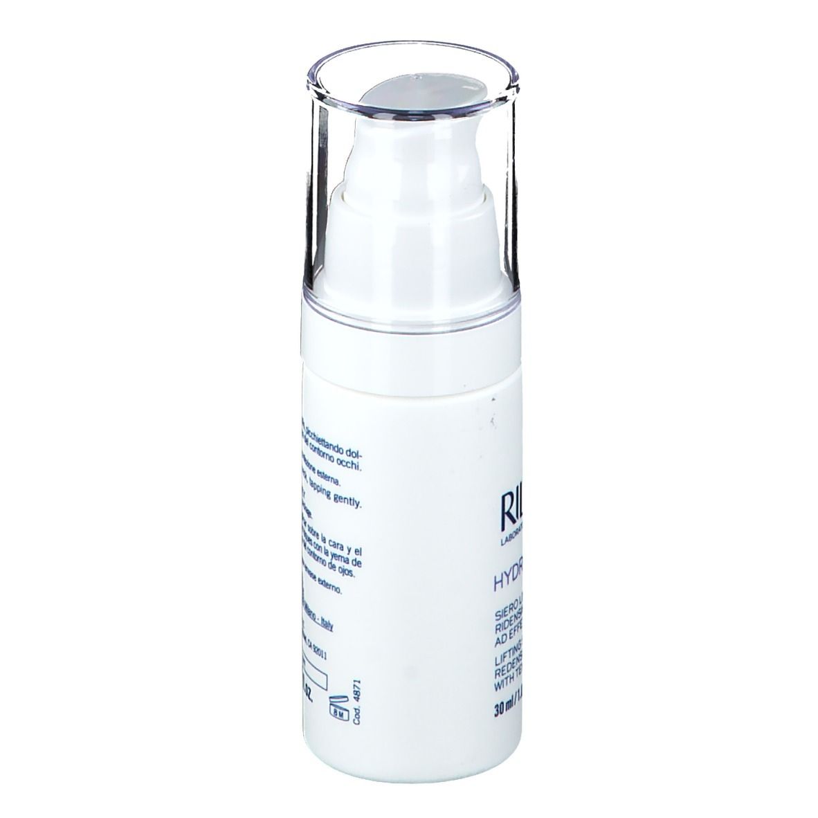 Flacon blanc avec pompe doseuse. Inscription : RILASTIL, Hydrotenseur. Texte en italien. 30 ml.