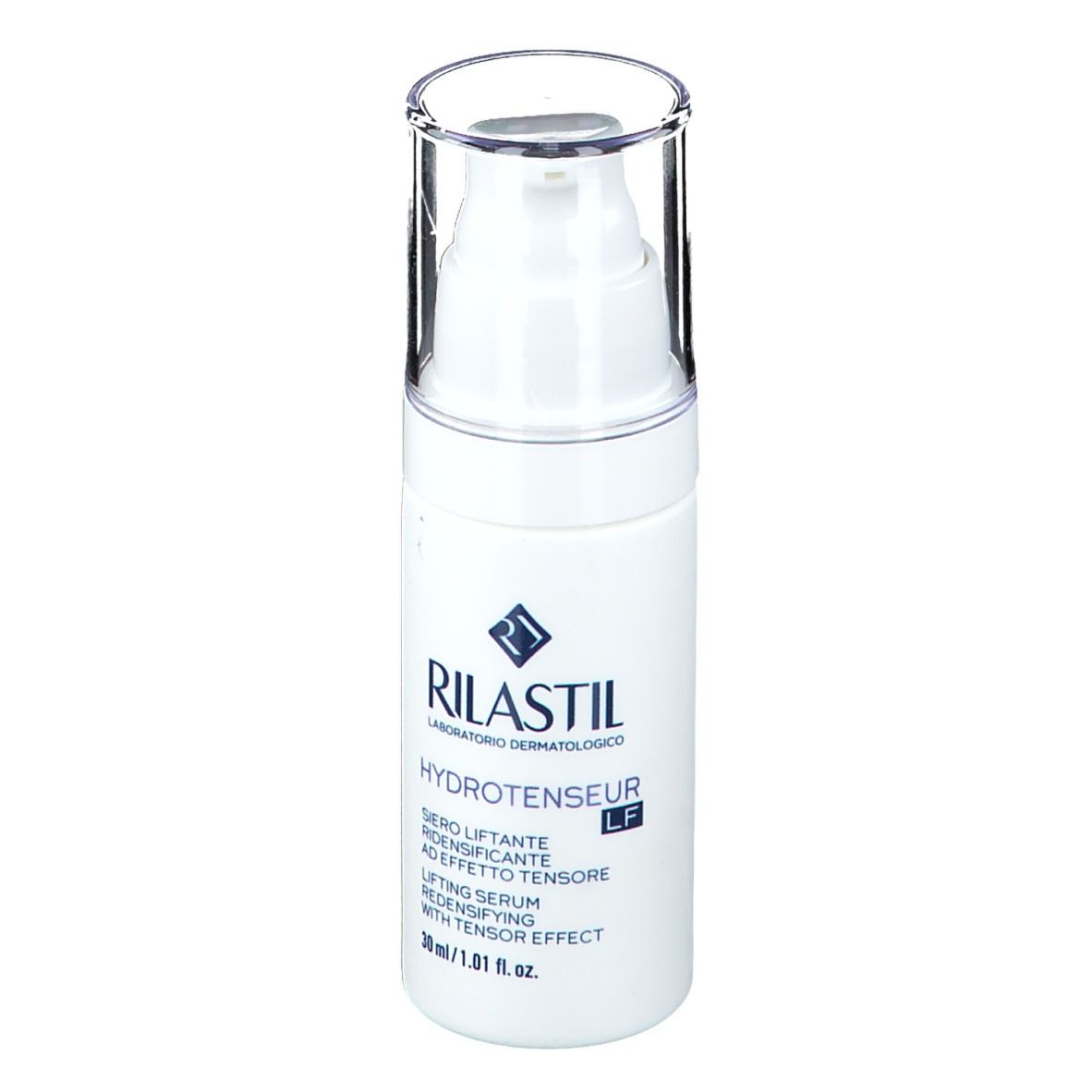 Flacon blanc avec pompe doseuse. Inscription : RILASTIL, Hydrotenseur, Sérum Liftant. 30 ml.