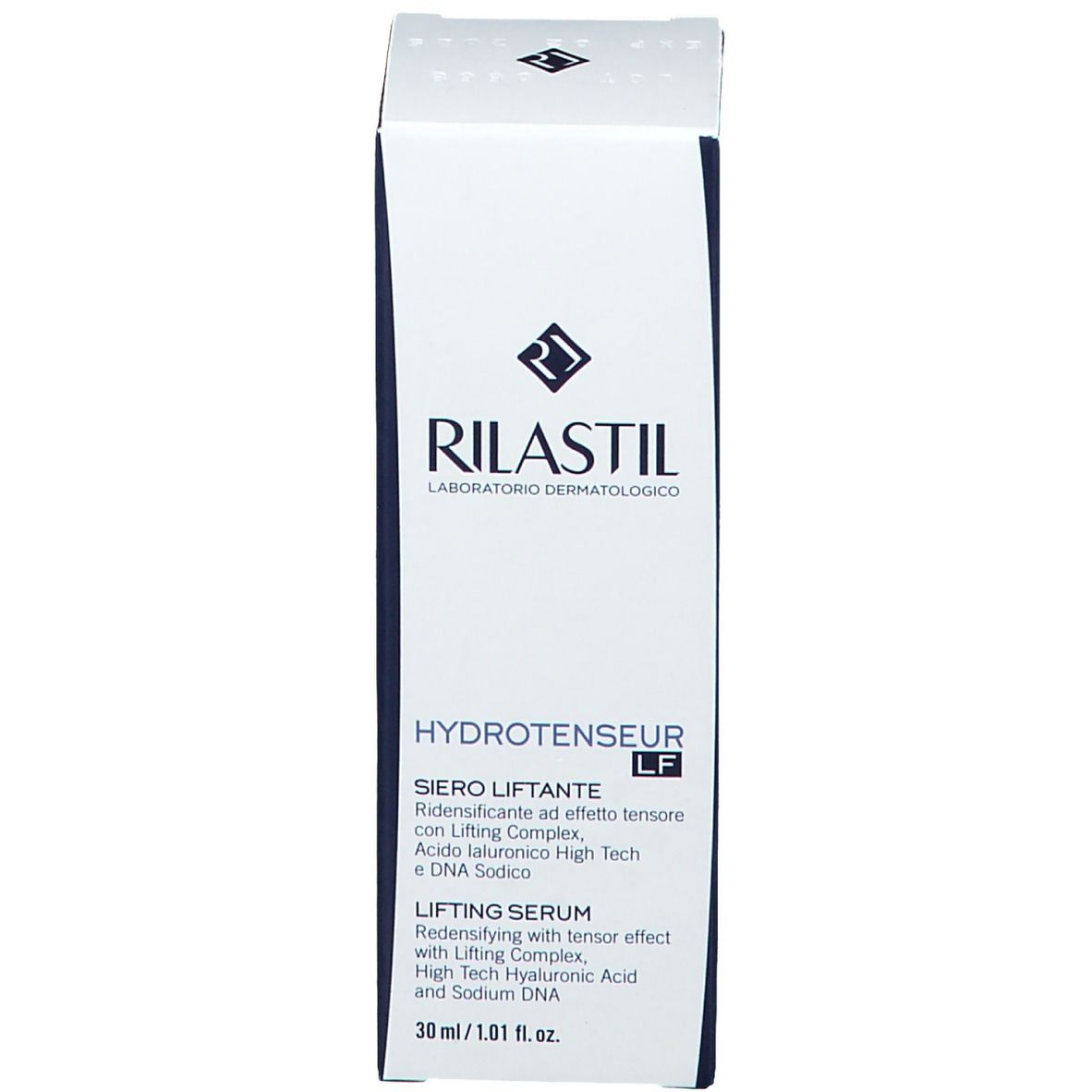 Emballage du produit. Inscription : RILASTIL, Hydrotenseur, Sérum Liftant. 30 ml. Avec étui.