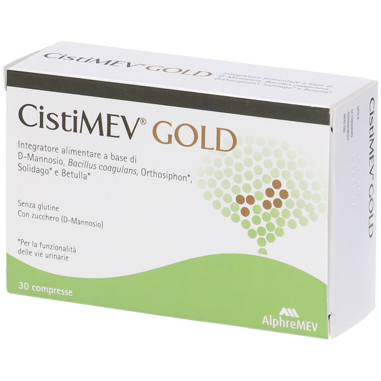 Scatola bianca CistiMEV GOLD. Grafica verde e bianca. 30 compresse. Logo AlpheMEV.