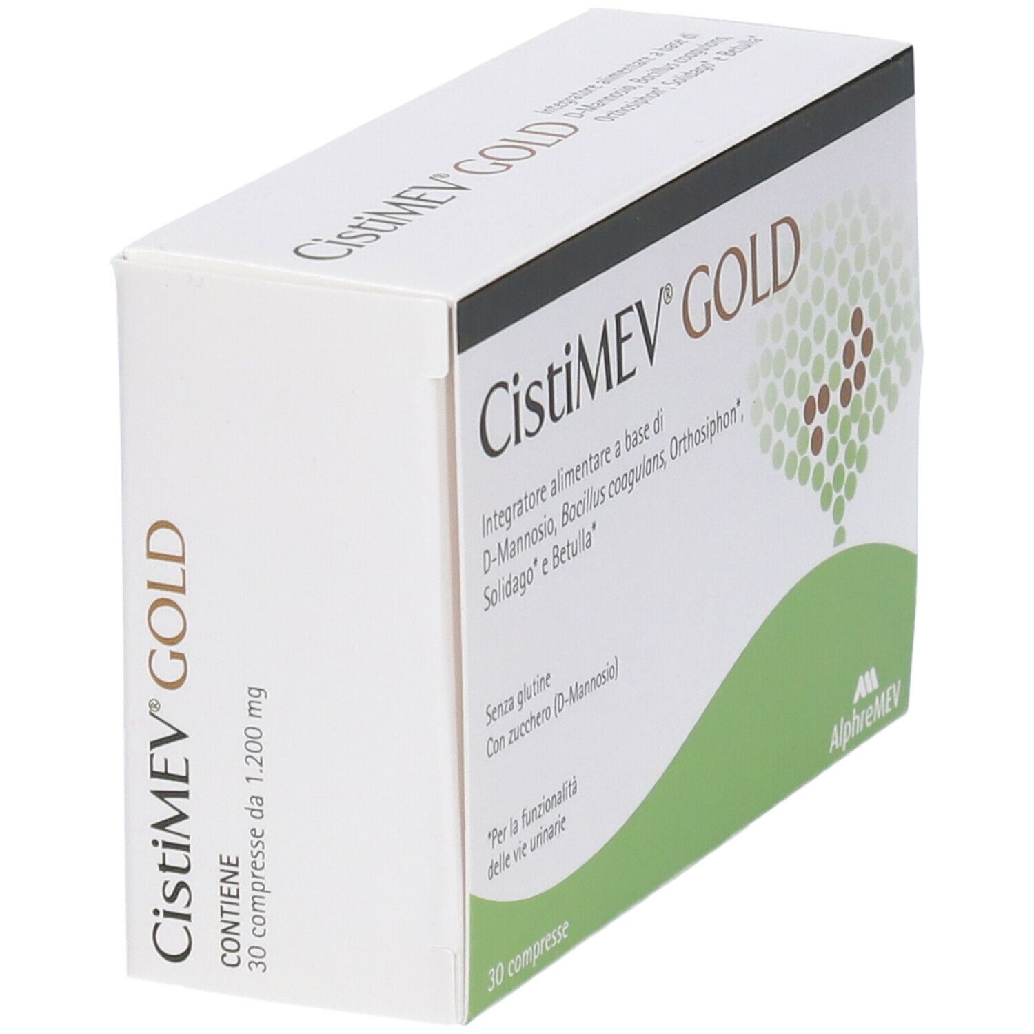 Scatola CistiMEV GOLD in prospettiva. Testo: 30 compresse da 1.200 mg. Grafica verde e bianca. Logo AlpheMEV.