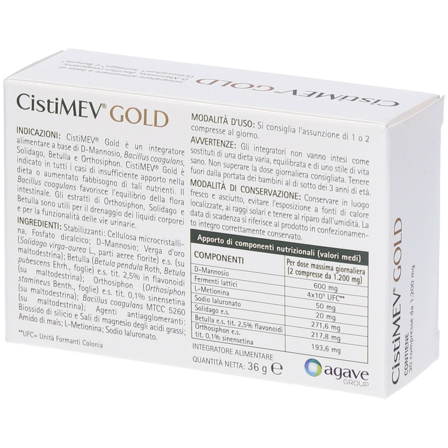Scatola CistiMEV GOLD con informazioni. Testo e informazioni nutrizionali. Logo Agave Group. 36 g.