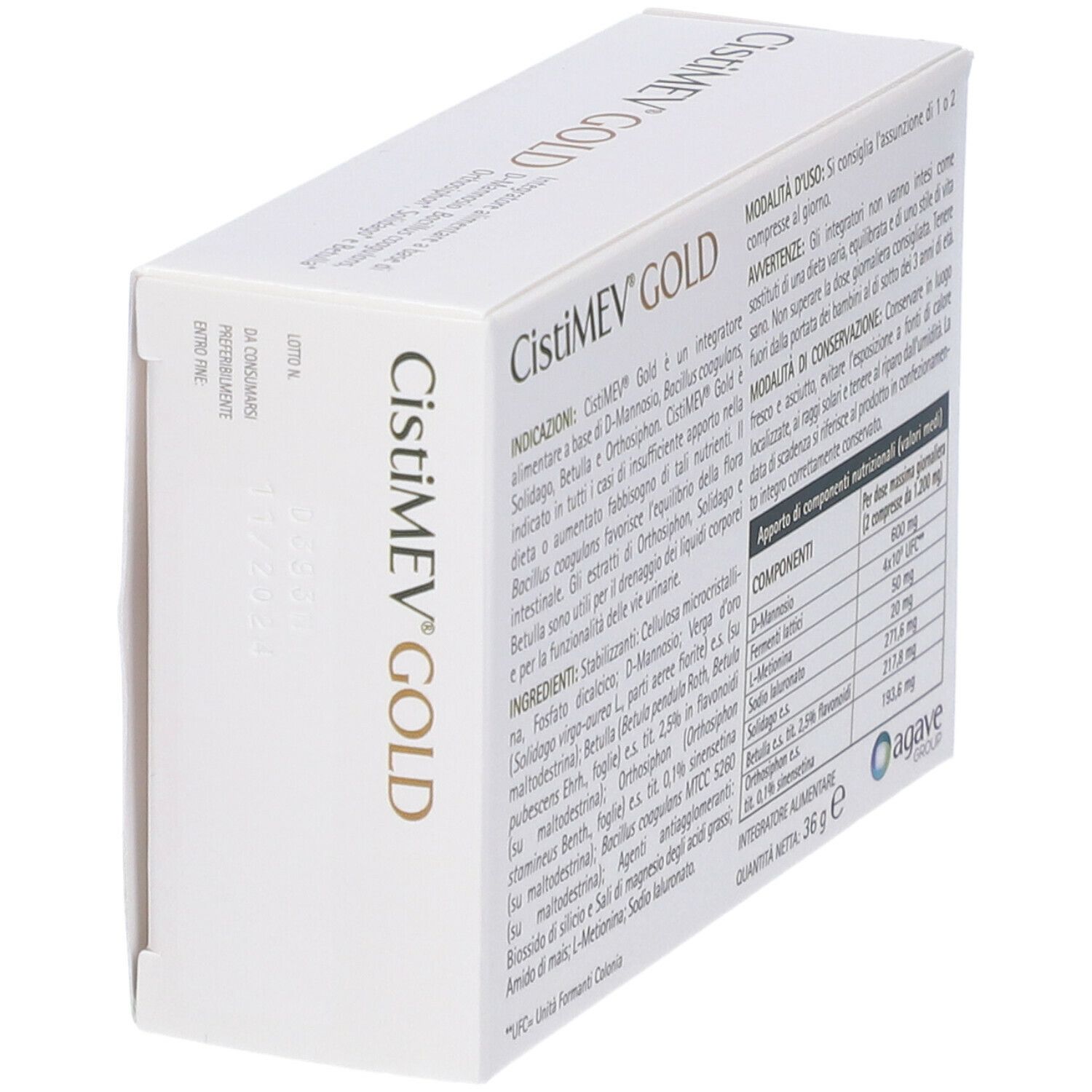Scatola CistiMEV GOLD, vista laterale. Testo e informazioni nutrizionali. Logo Agave Group. 36 g.