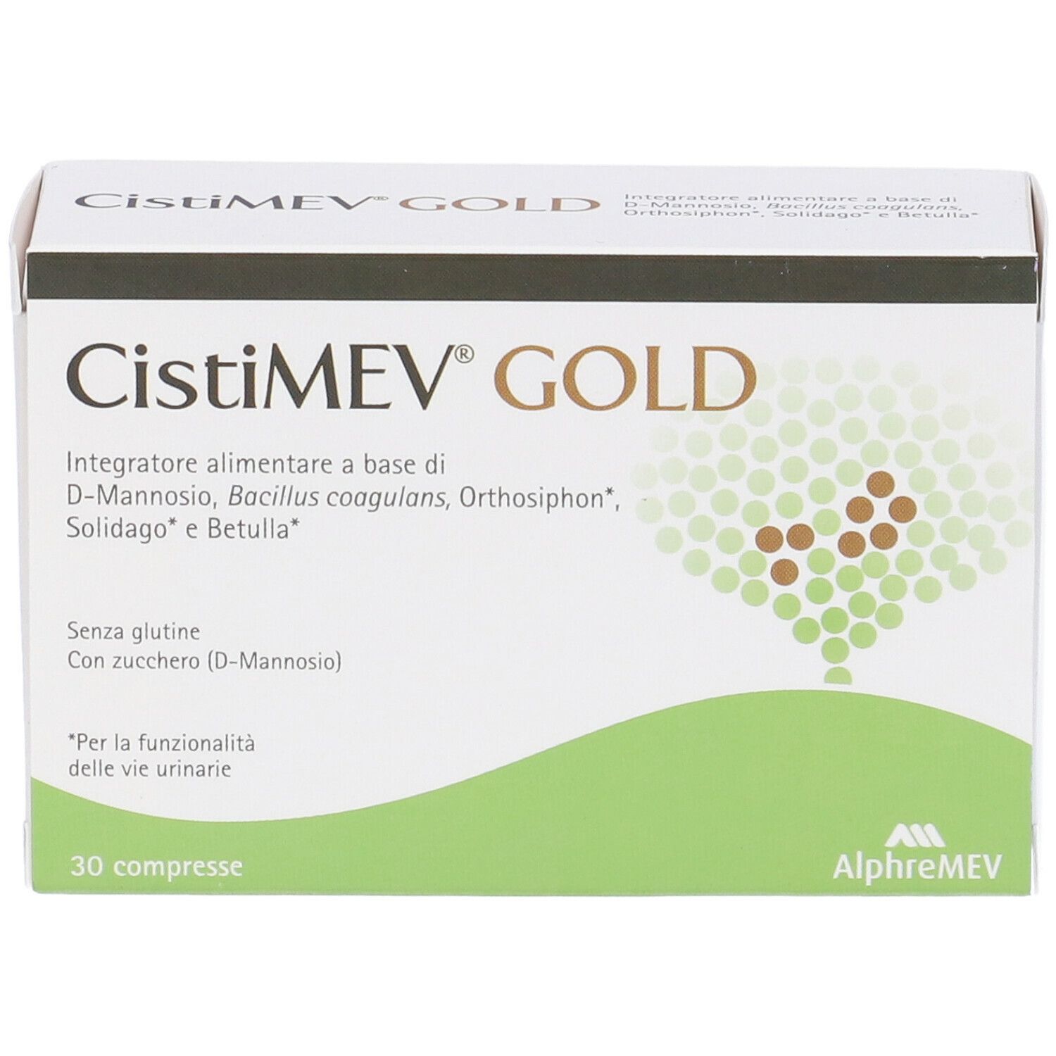 Scatola bianca CistiMEV GOLD. Grafica verde e bianca. 30 compresse. Logo AlpheMEV.