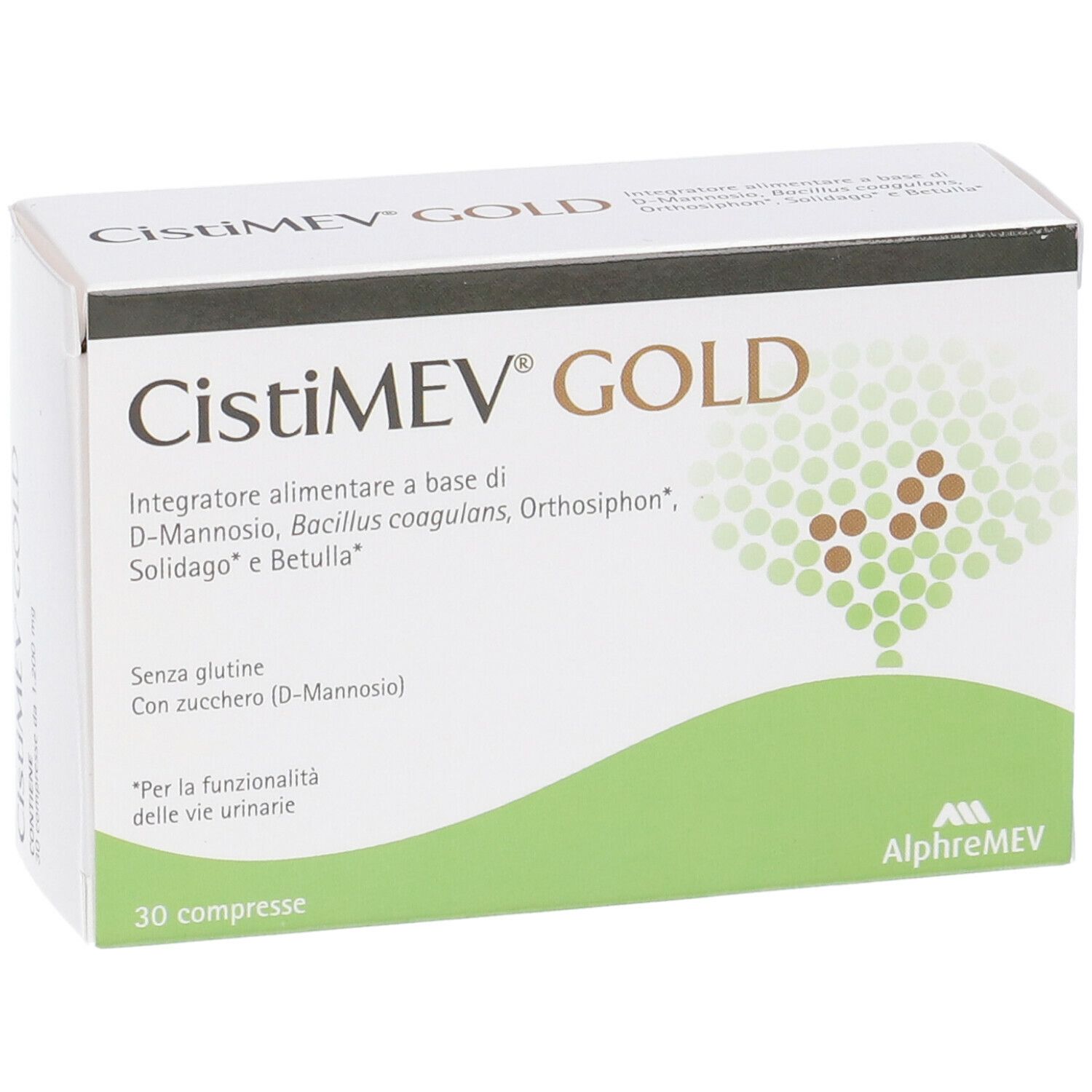 Scatola bianca CistiMEV GOLD. Grafica verde e bianca. 30 compresse. Logo AlpheMEV.