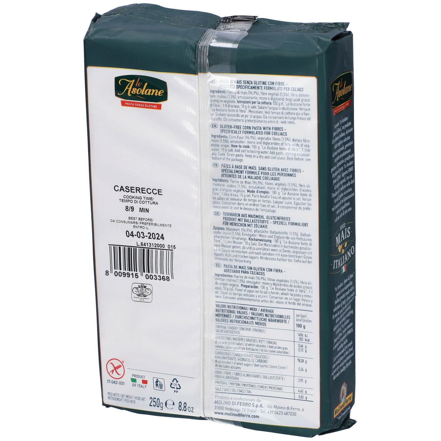 Retro della confezione di pasta. Marchio Le Asolane. Informazioni sugli ingredienti e valori nutrizionali.