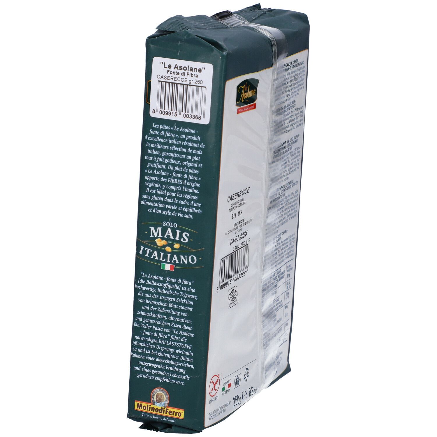 Retro della confezione di pasta. Marchio Le Asolane. Informazioni sugli ingredienti e valori nutrizionali.