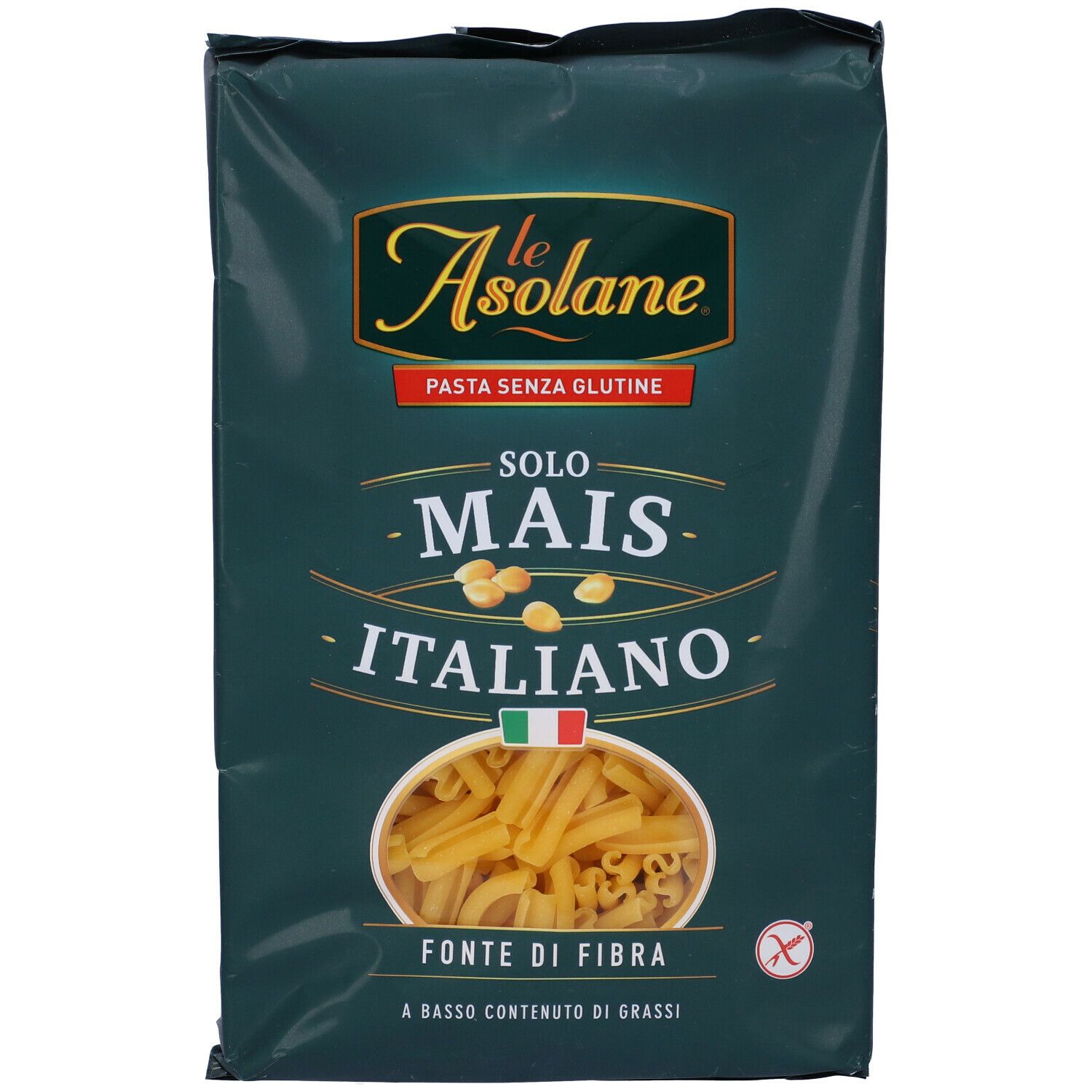 Confezione di pasta Le Asolane. Senza glutine. Solo mais italiano. Forme di pasta illustrate.