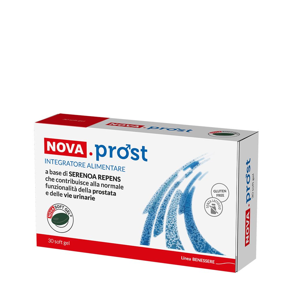 Confezione di NOVA.pro'st. Scatola bianca con testo rosso e blu. Contiene 30 softgel. Senza glutine.