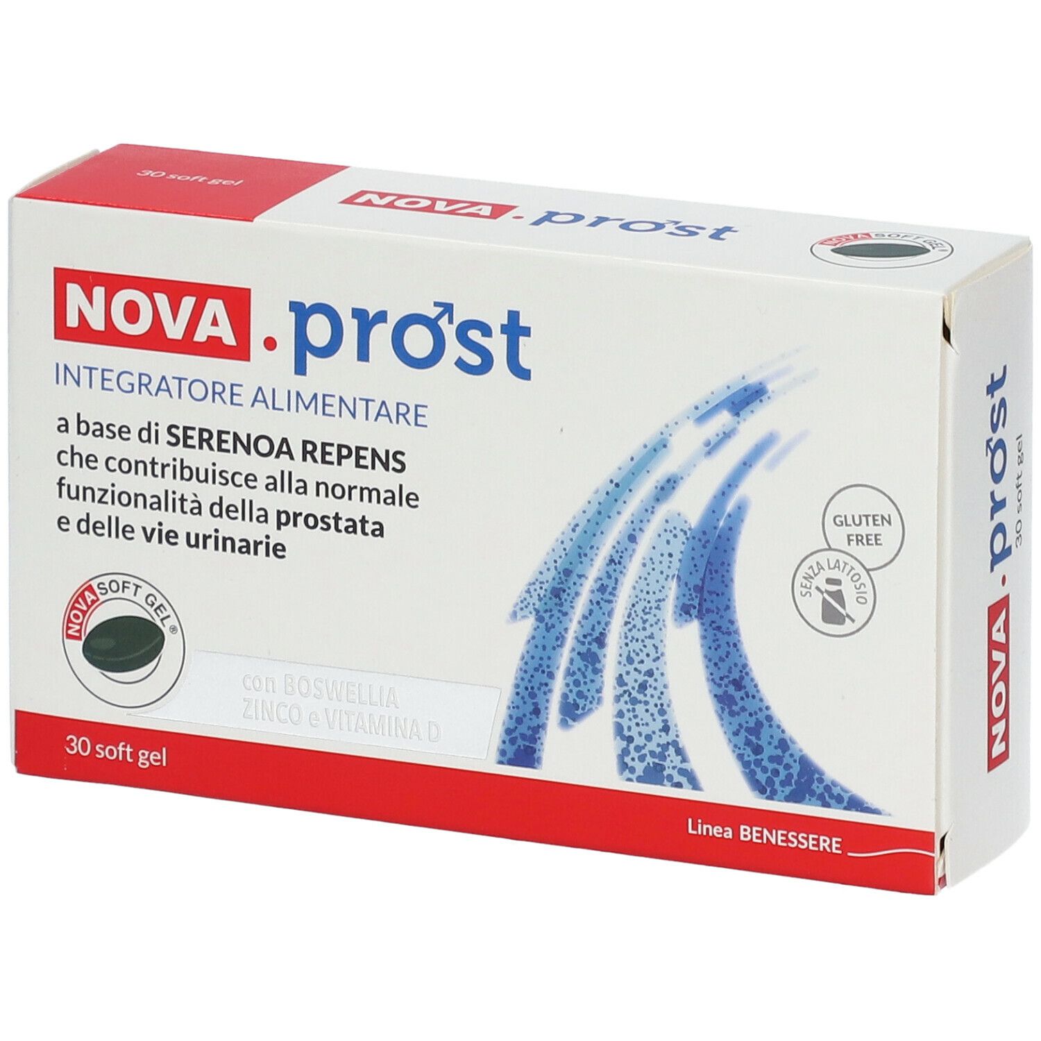 Confezione NOVA.pro'st. Scatola bianca con testo rosso e blu. Contiene 30 softgel. Senza glutine.