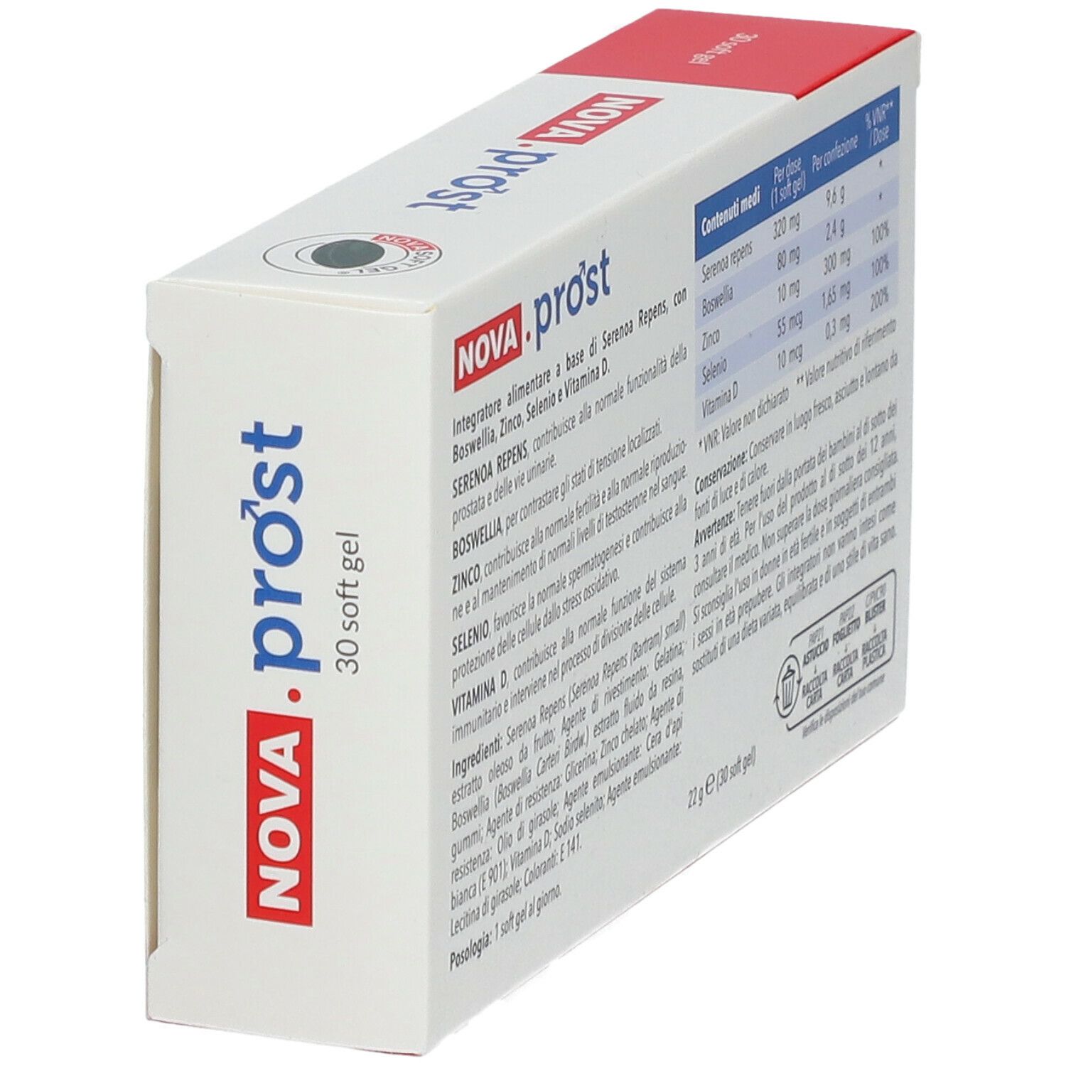 Confezione NOVA.pro'st. Vista obliqua. Contiene informazioni nutrizionali e ingredienti. Sigillo senza glutine.