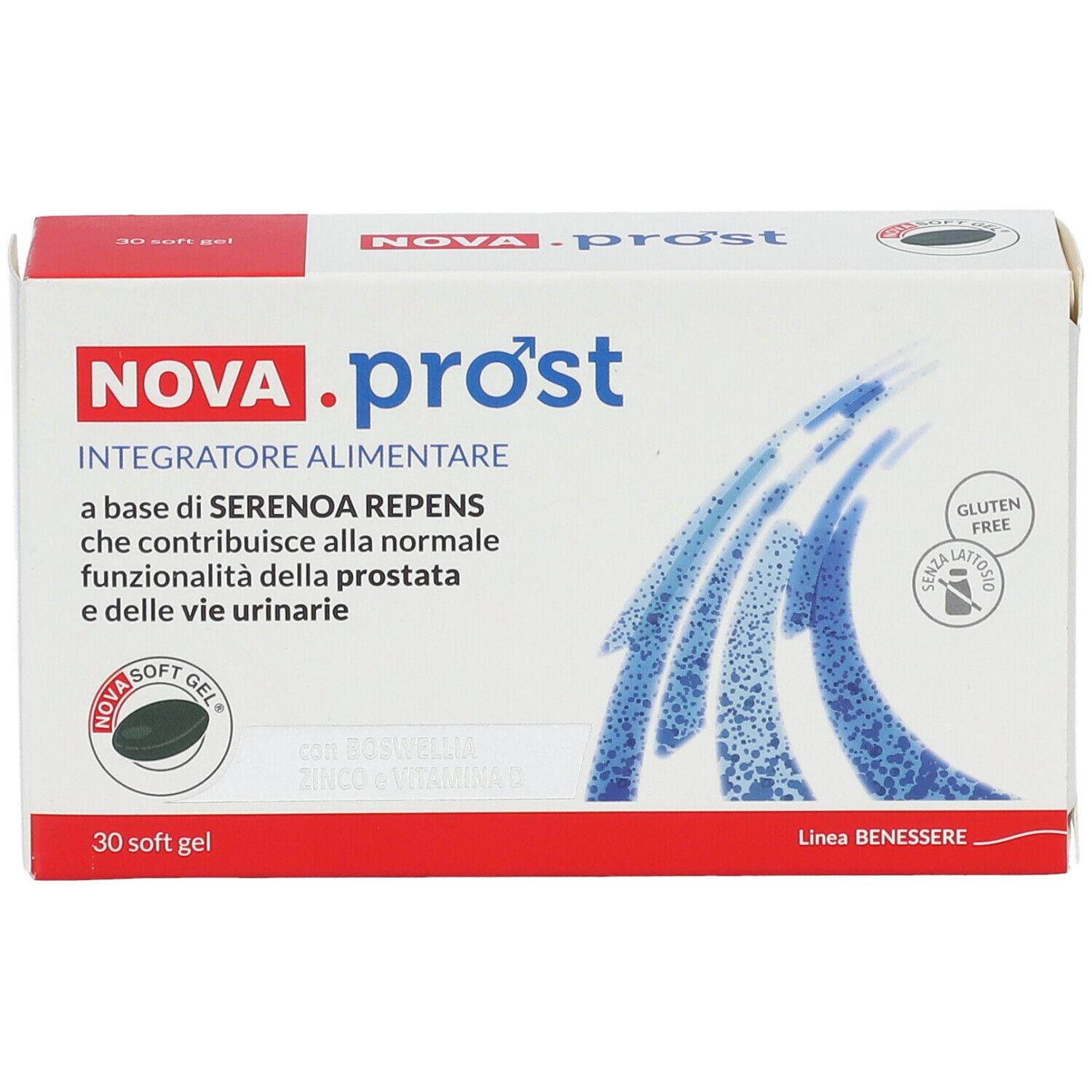 Confezione NOVA.pro'st. Scatola bianca con testo rosso e blu. Contiene 30 softgel. Senza glutine.