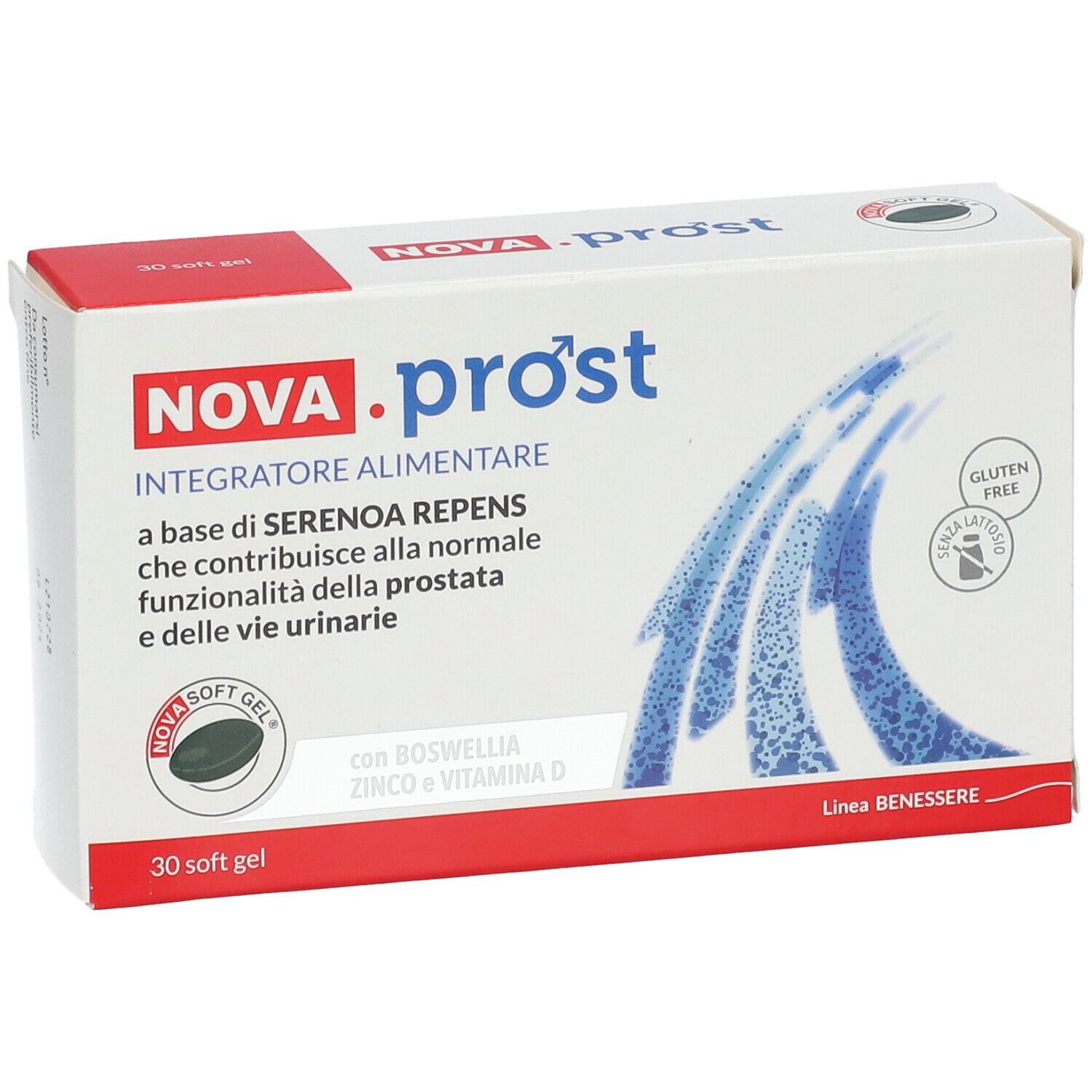 Confezione NOVA.pro'st. Scatola bianca con testo rosso e blu. Contiene 30 softgel. Senza glutine.