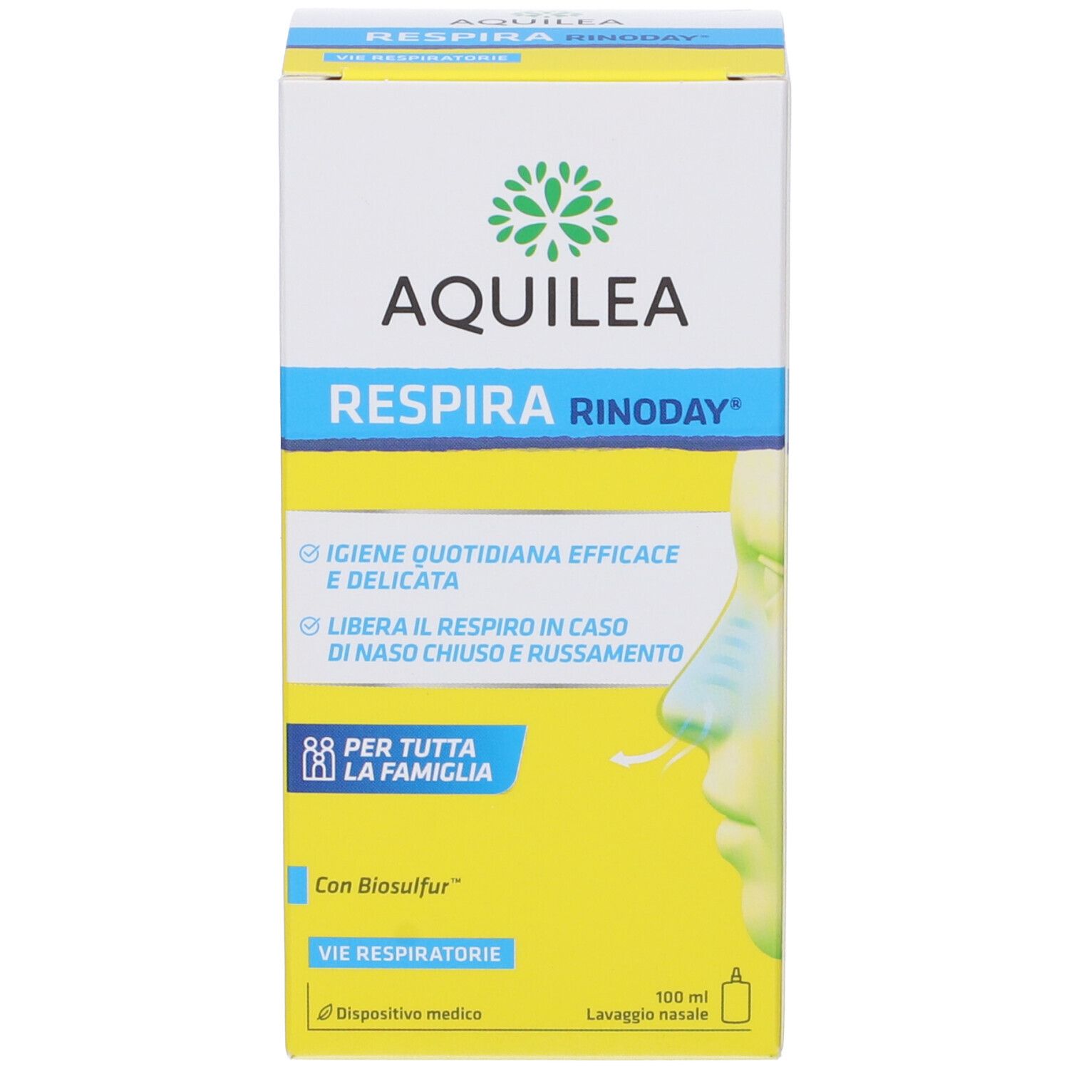 Confezione del prodotto. Testo: AQUILEA RESPIRA RINODAY. Lavaggio nasale. 100 ml. Dispositivo medico. Profilo.