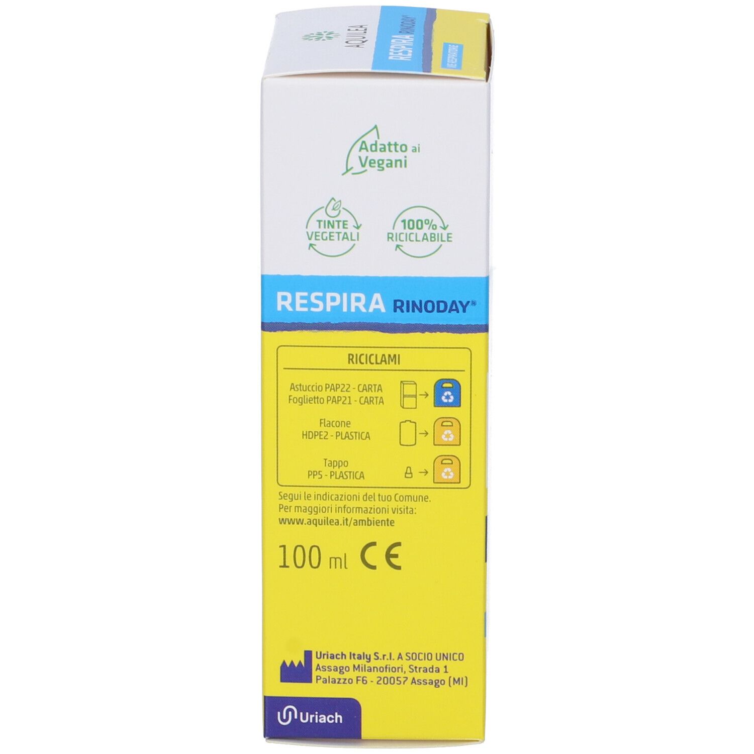 Confezione del prodotto. Testo: AQUILEA RESPIRA RINODAY. Informazioni sul riciclo. 100 ml. Marchio CE.