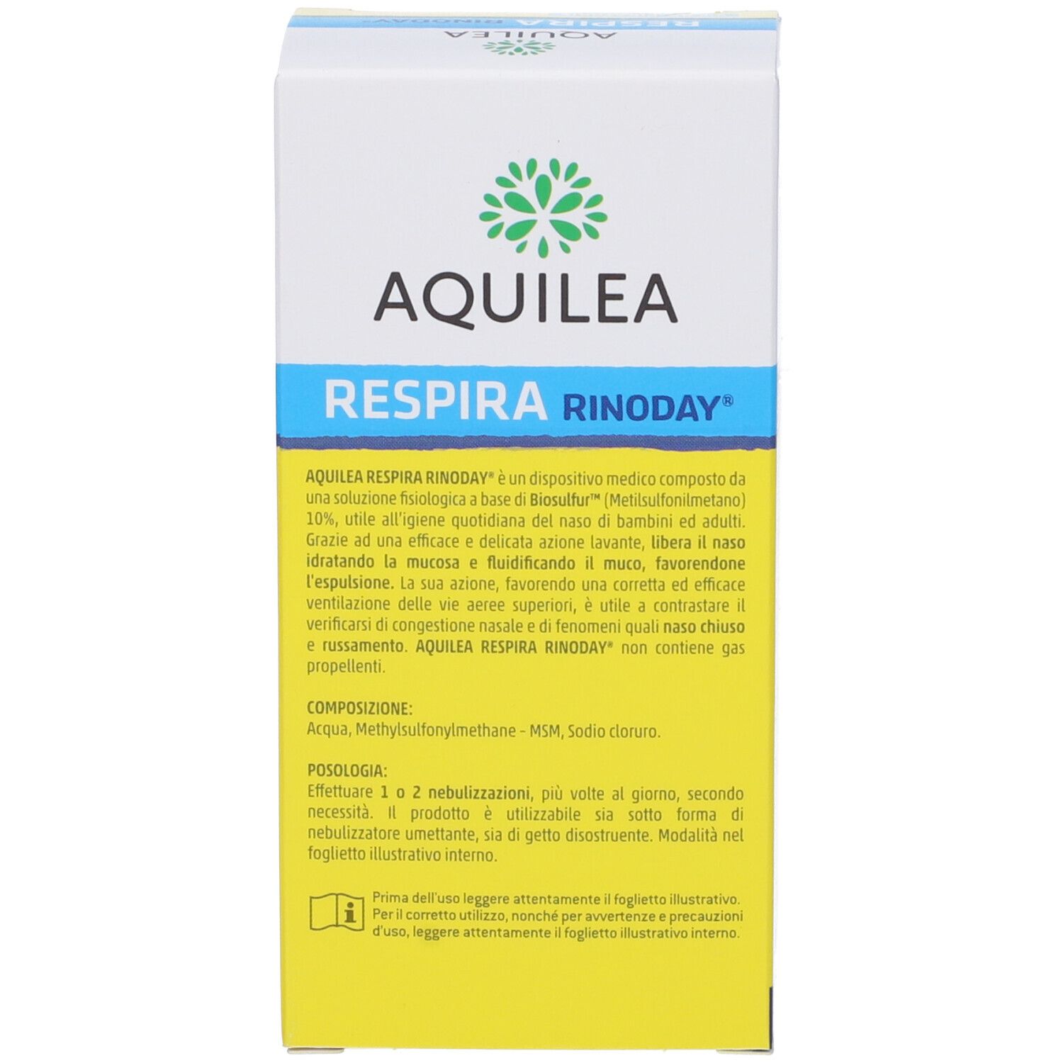 Confezione del prodotto. Testo: AQUILEA RESPIRA RINODAY. Ingredienti, istruzioni per l'uso. Dispositivo medico.